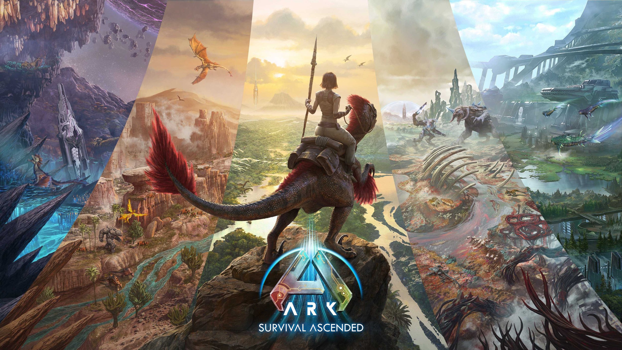 A composite image promoting the video game ARK Survival Ascended, featuring various prehistoric and futuristic landscapes and creatures, with a woman riding a dinosaur in the center and the game's logo at the bottom.