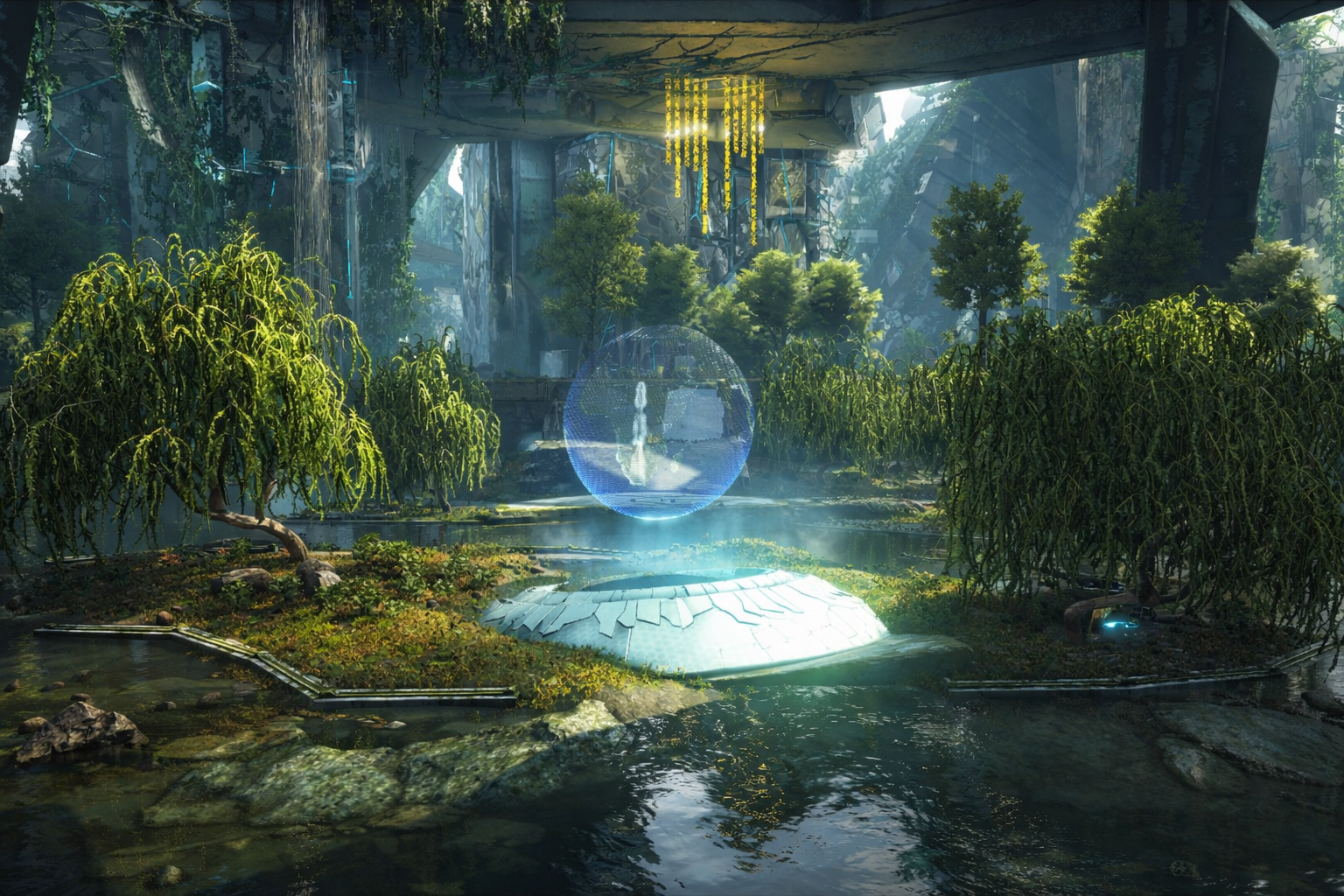 Futuristic natural landscape with lush green trees, a small pond, a hovering glowing sphere, and advanced technology elements, all under a natural shelter with hanging yellow lights.