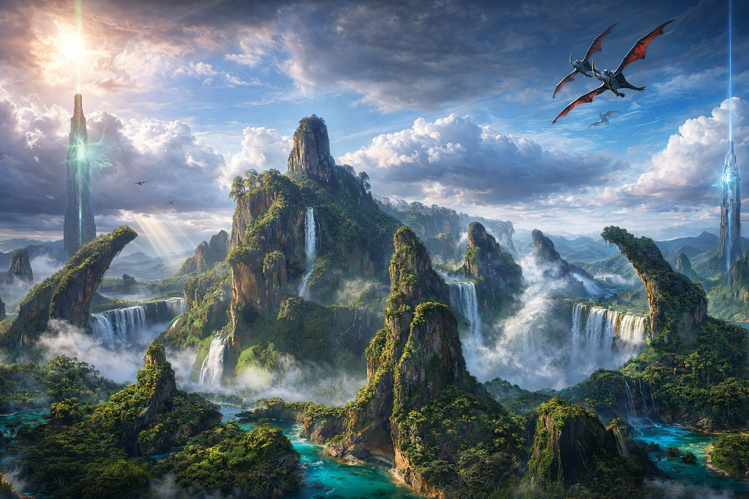 A fantasy landscape with tall, jagged mountains covered in lush green vegetation, cascading waterfalls, and mist. Two large flying dragons with red wings fly in the sky. Two glowing spires with blue and green light burst from the mountains in the distance. The sky is partly cloudy with sun rays shining through.