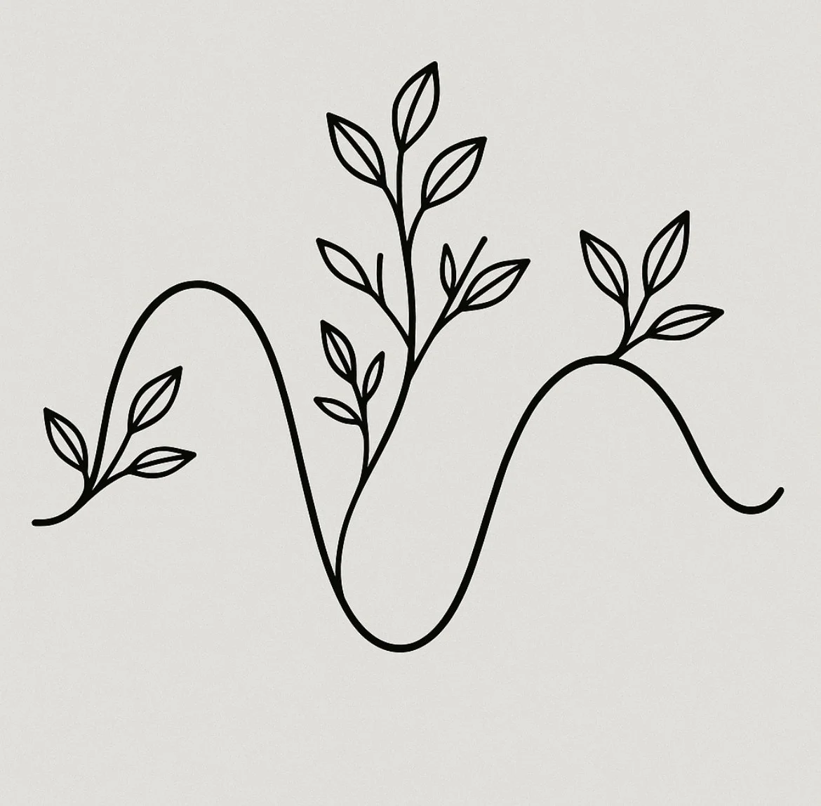 Black line drawing of a wavy line intertwined with leaves on branches