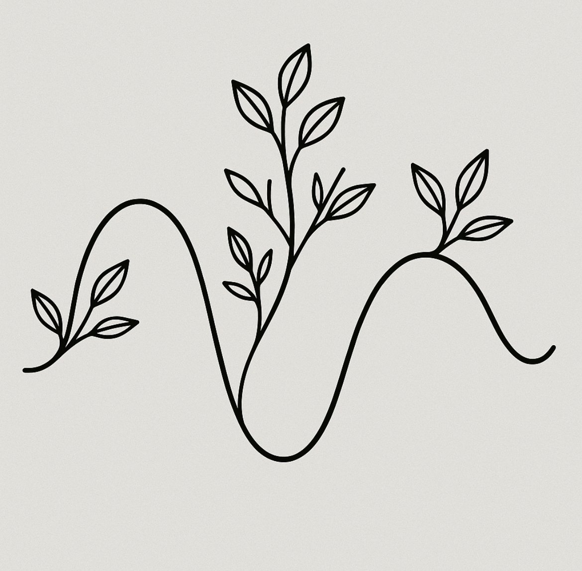 Minimalist black line drawing of plants with leaves growing along a wavy line.