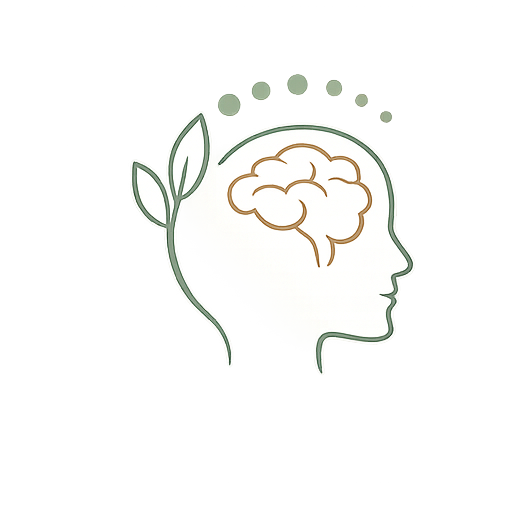 Line drawing of a human head profile with a brain inside and a leaf on the back of the head, representing mental health or eco-consciousness.