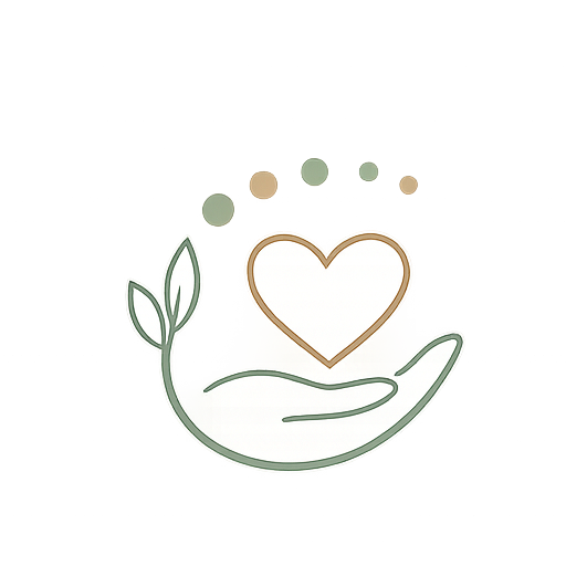 A simple illustration of a hand cradling a heart with small decorative elements and colorful background accents.