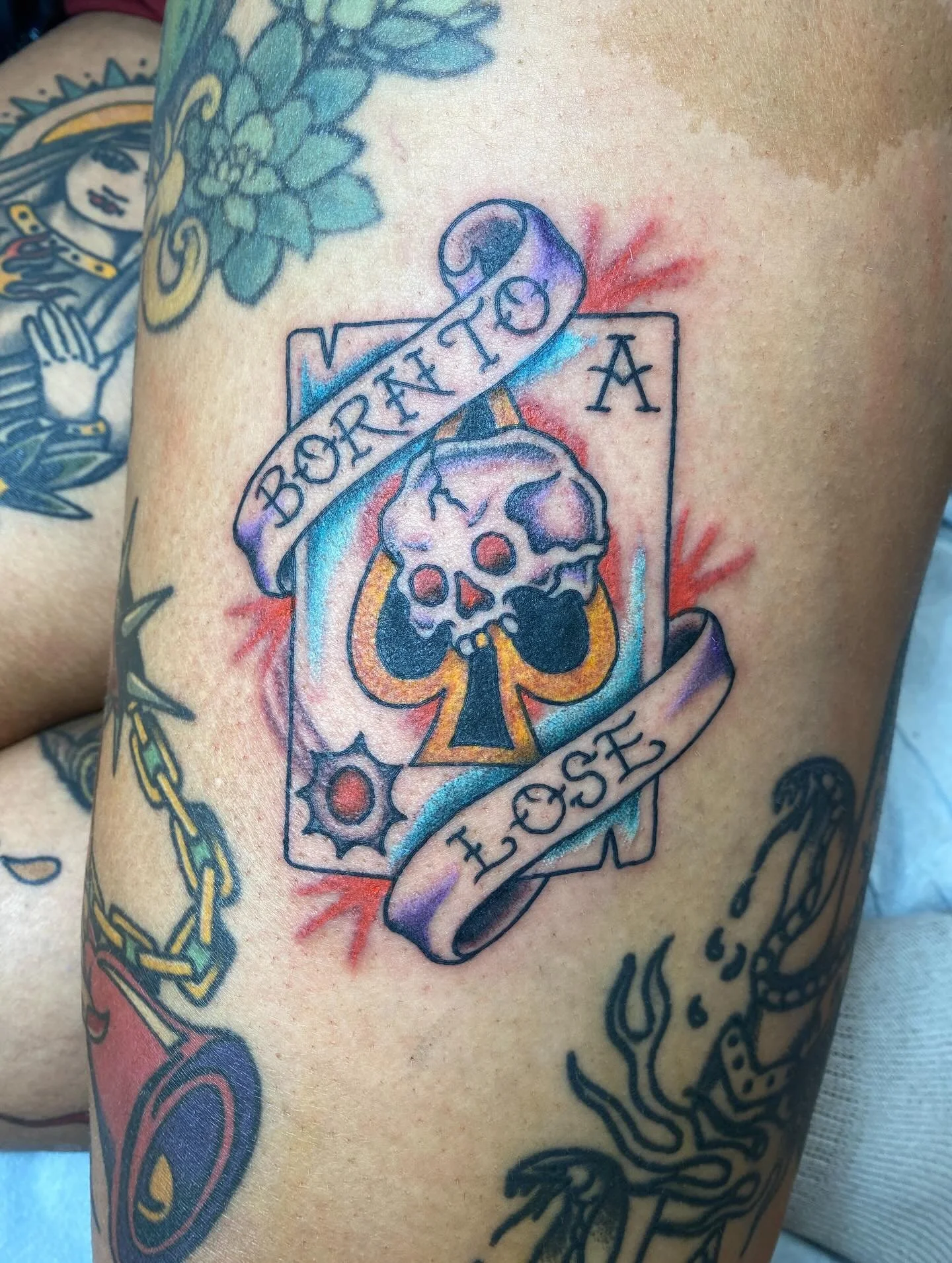 💥Born to lose !! 💥Made for @blvkmagicgab 💥walk-in or Dm to get in on the action !!💥Cheers☄️ @thickasthievestattoo  #traditionaltattooflash #fyp #denvertattoo #tattoos