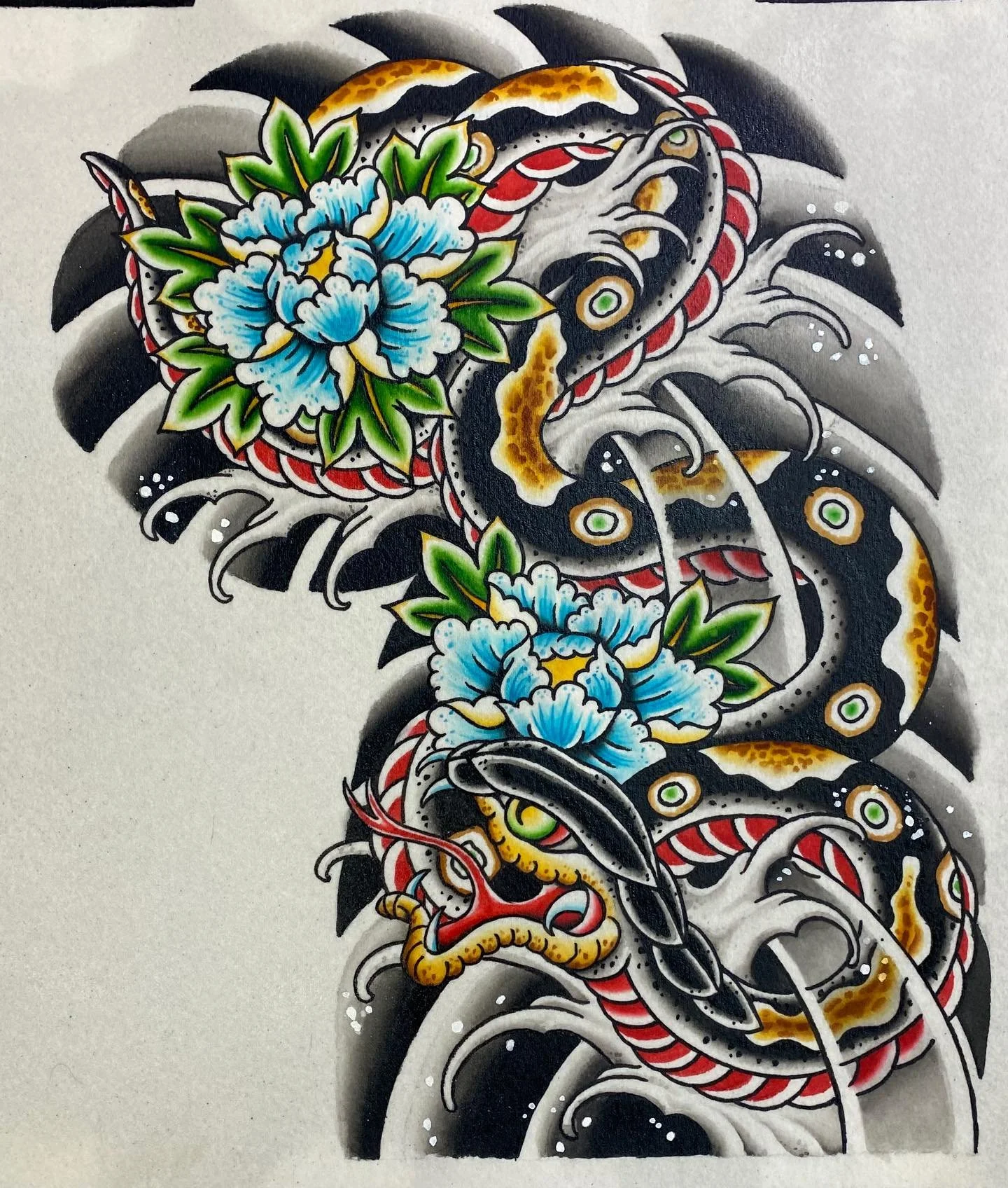 Snake and peonies study. @thickasthievestattoo #tattoo #denvertattoo #snaketattoo #fingerwaves #peonytattoo