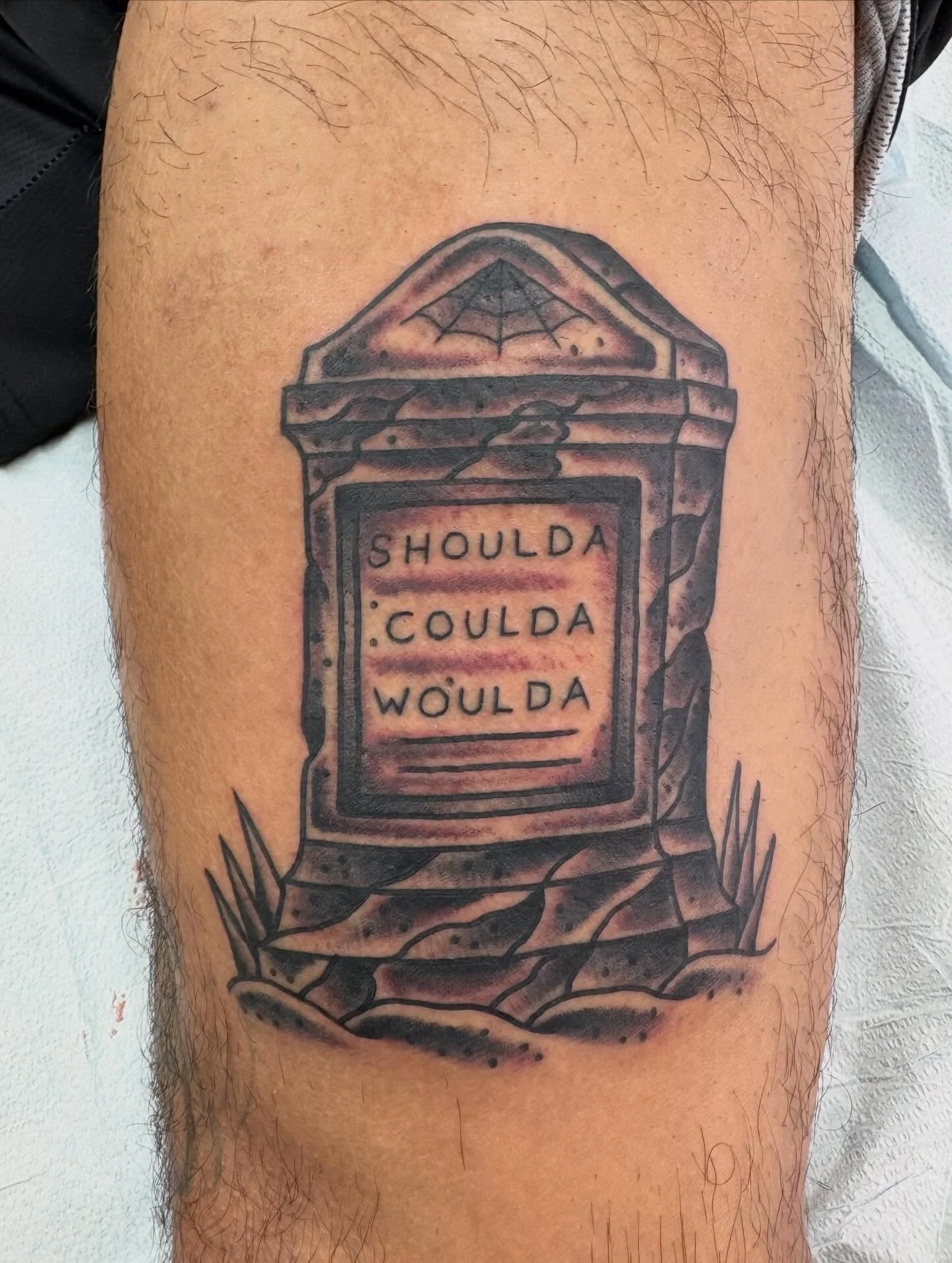 Shoulda, Coulda, Woulda. Thank you @jonny_be_gooood  @thickasthievestattoo #gravestonetattoo #tattoos
