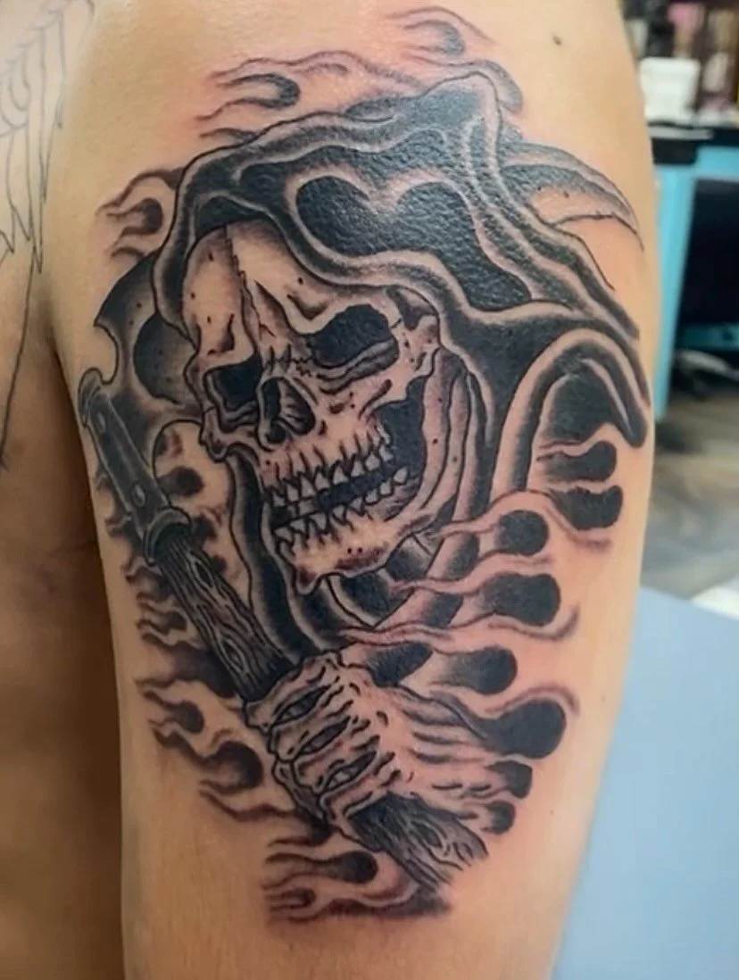 Peep this reaper I made for my bud @skummo_  thank you partner.  Excited to step it up and make cooler tats !! HMU ! #reapertattoo #tattoo #traditionaltattoos #denvertattooartist