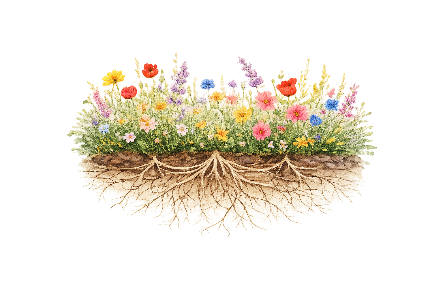 Cross-section of soil with a variety of colorful flowers and their roots underground.
