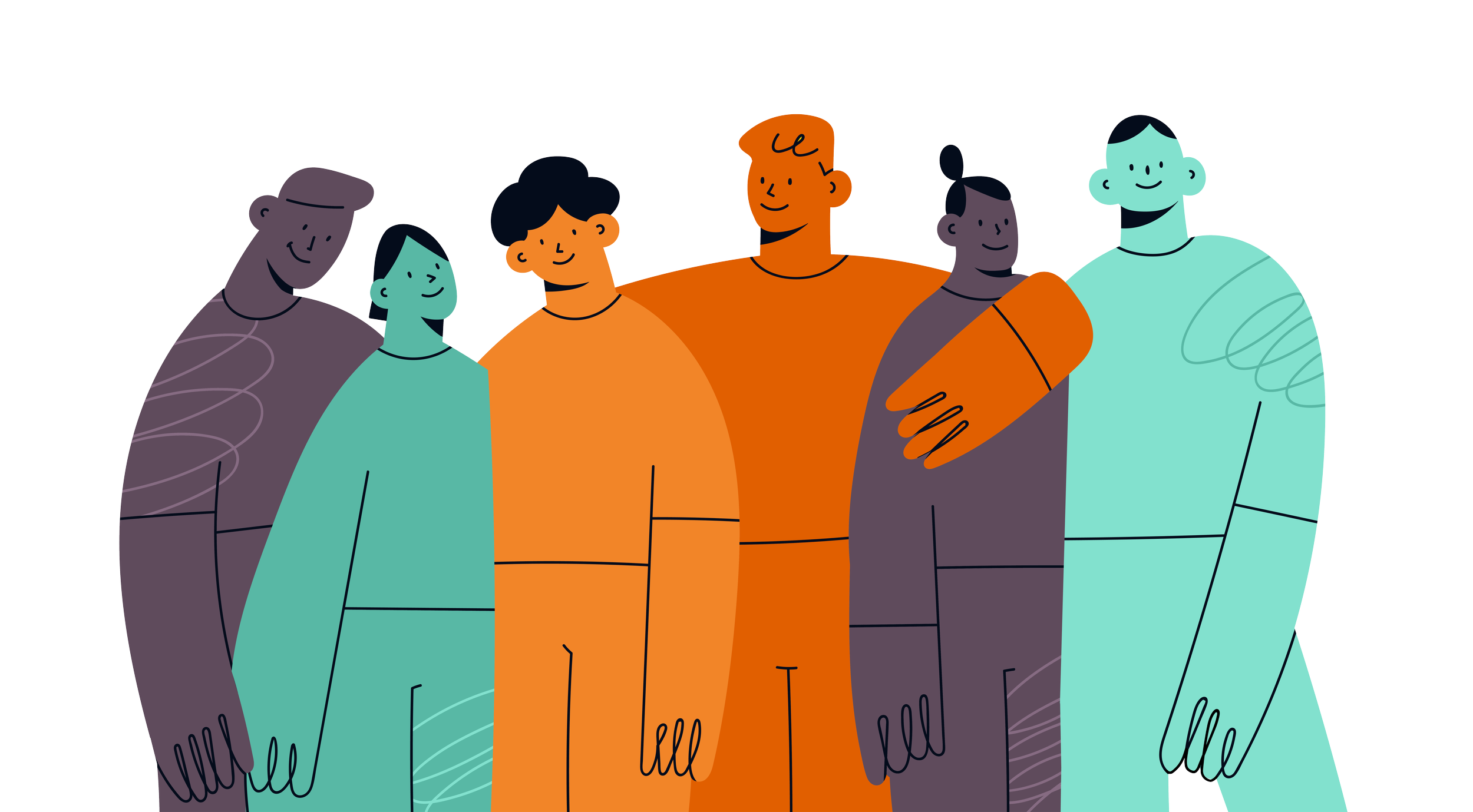 A group of illustrated people stand together.