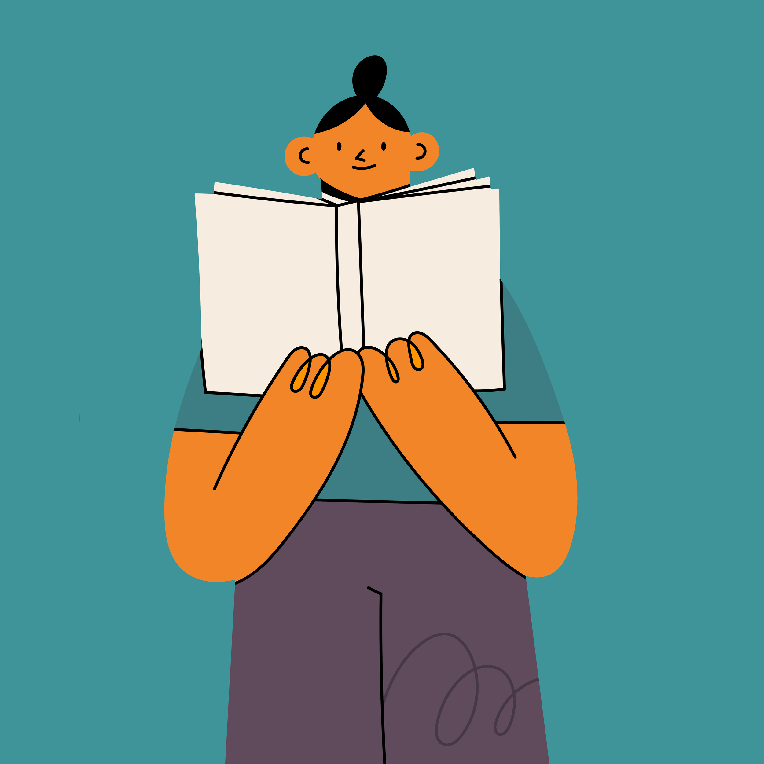 Illustration of a person holding a book and smiling.