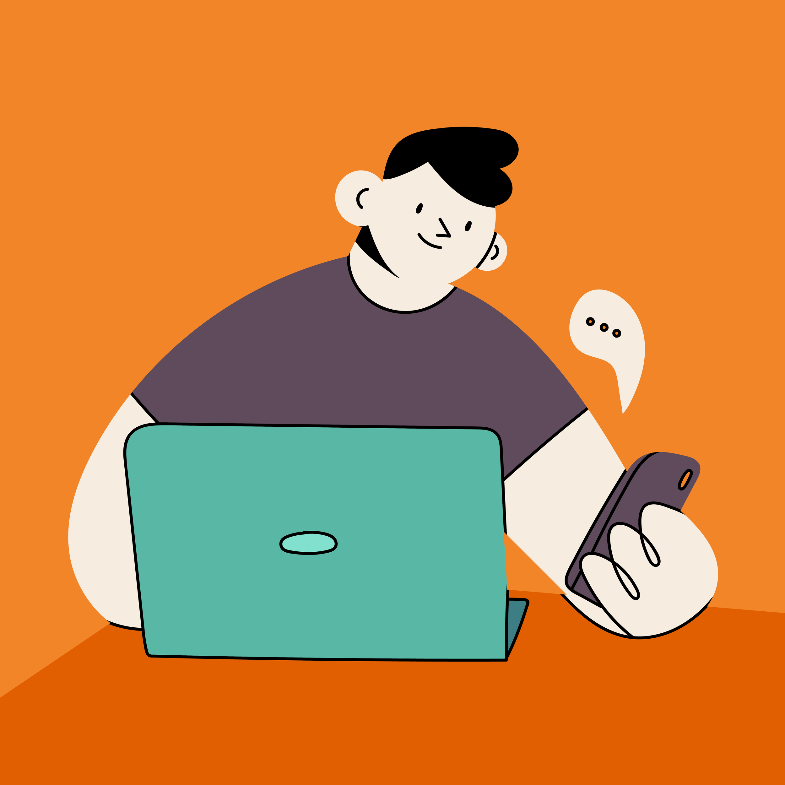 Illustration of a person on a phone and computer receiving messages.
