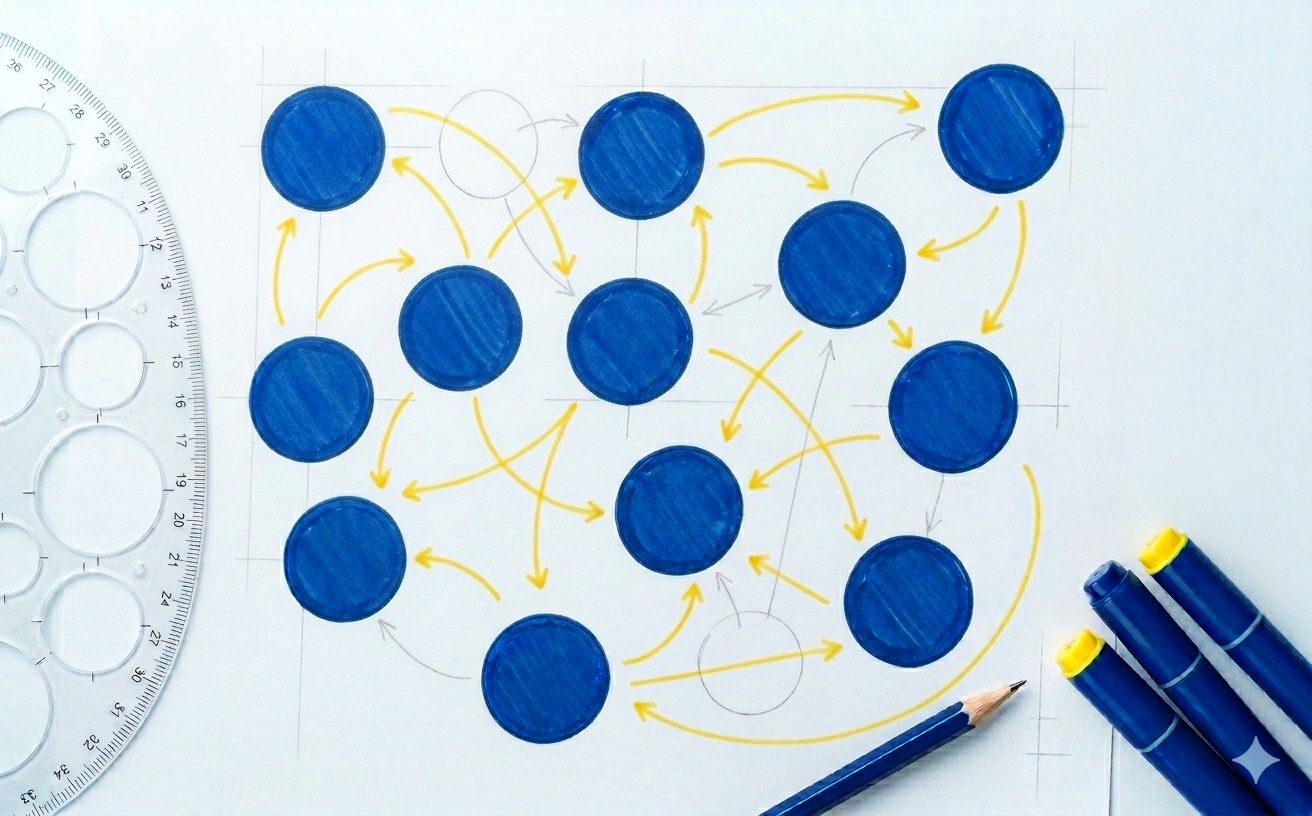 Drawing with blue circles and yellow arrows representing our service diagram.
