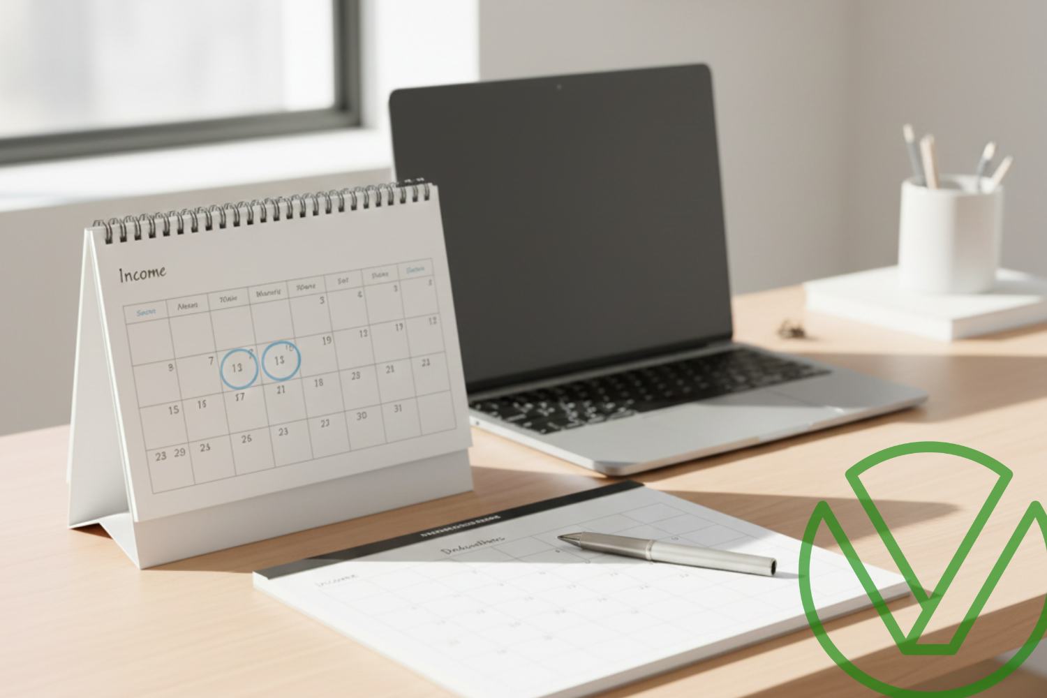 Bright office scene with calendar and notes for income and deduction timing. Visual support for Arizona year-end tax planning to maximize deductions and lower taxable income.