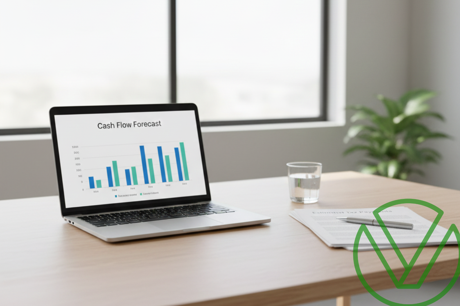 Modern Phoenix office desk with cash flow forecast chart and estimated tax papers.