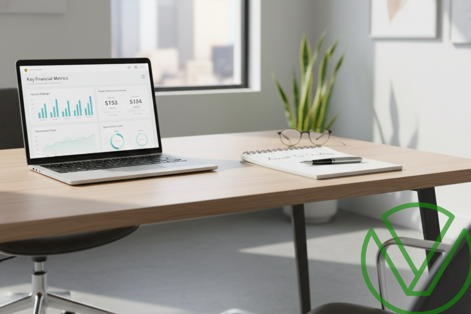 Minimalist executive Phoenix office setup with finance dashboard and tax strategy notes.