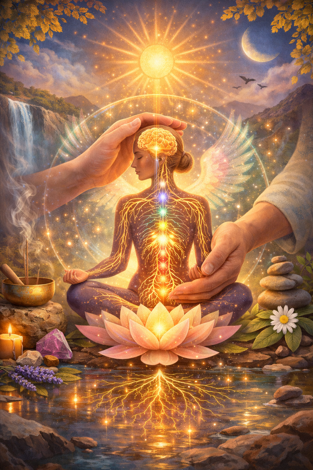 A cosmic scene with a meditating woman in lotus position at sunrise, her nervous system highlighted with colorful energy pathways, surrounded by nature, waterfalls, and animals, with radiant sunlight and a glowing moon in the sky.