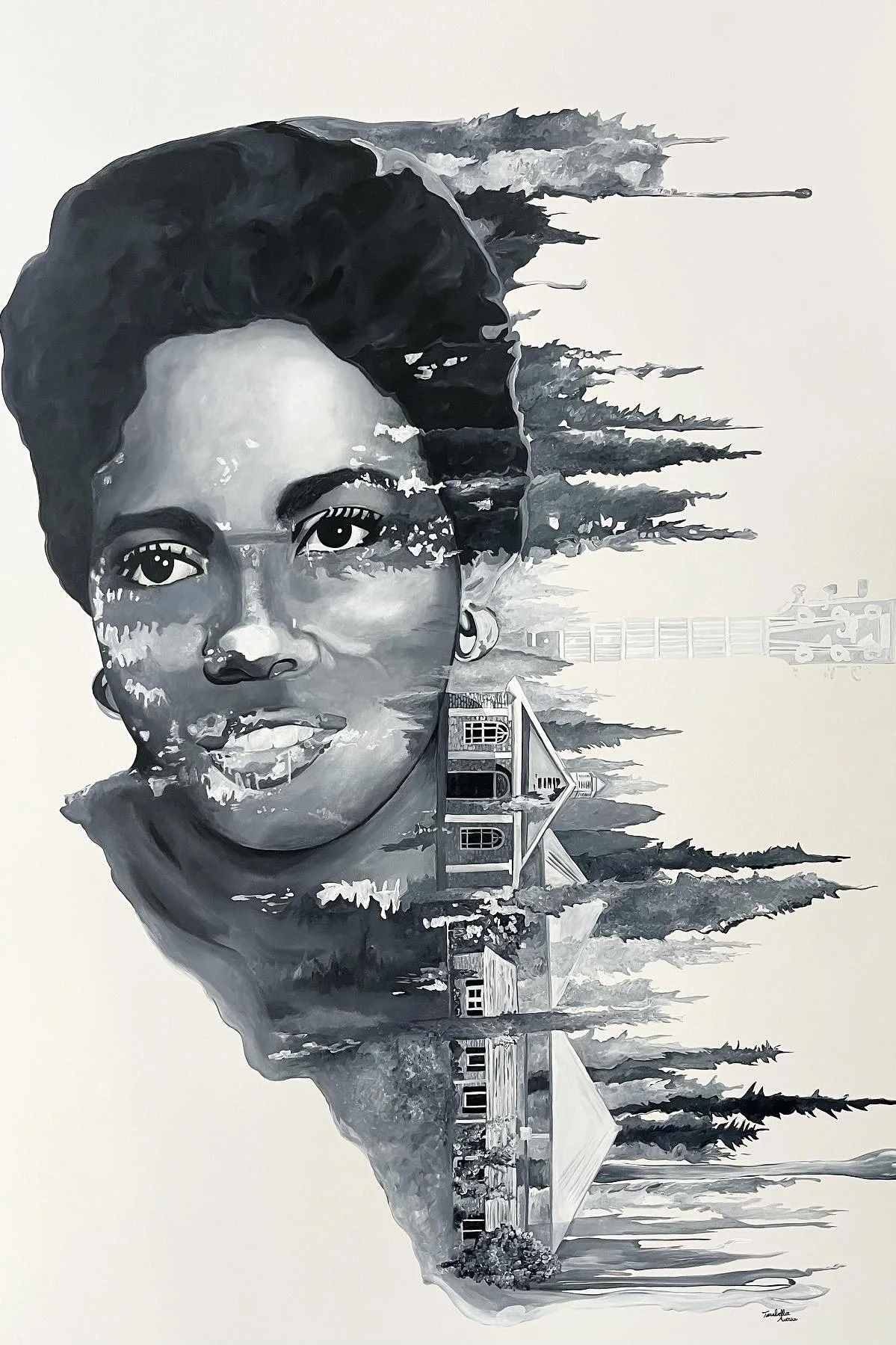 Black and white portrait of a woman with short hair, with a landscape scene of houses, trees, and a cloudy sky integrated into the image.