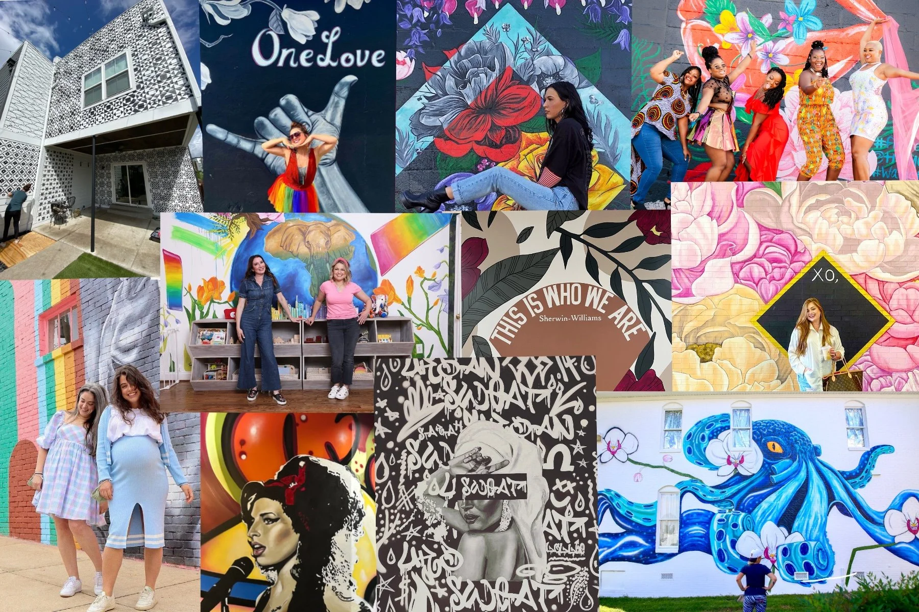 A collage of multiple images showcasing vibrant murals and art installations with people posing in front of them. The murals include colorful flowers, abstract designs, a large octopus, a rainbow, and artistic portraits.