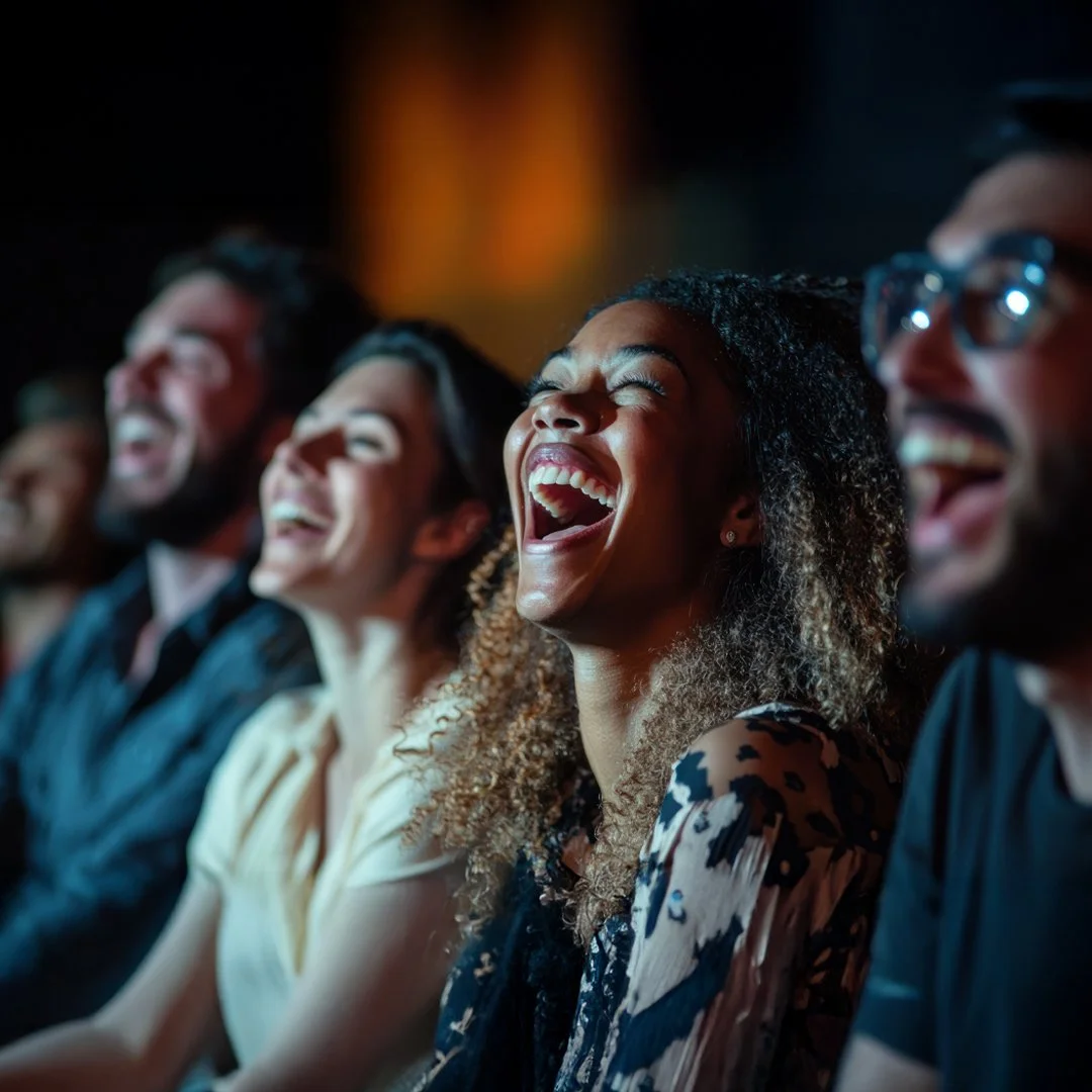 Group of diverse people laughing and enjoying an entertainment event in a dimly lit setting.