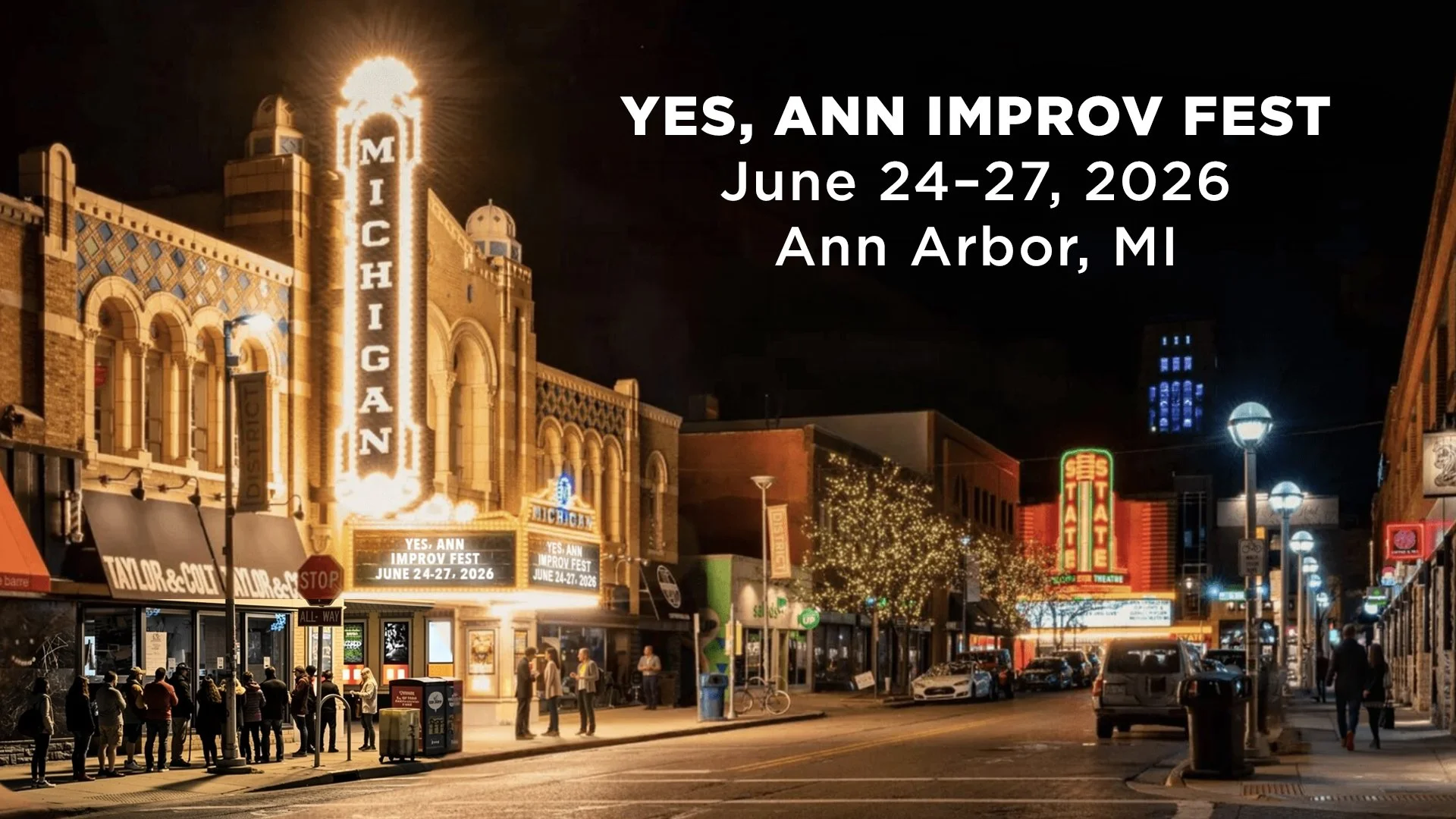 Nighttime scene of downtown Ann Arbor with lit-up Michigan Theatre marquee, string lights, and people waiting in line outside shops and theaters.
