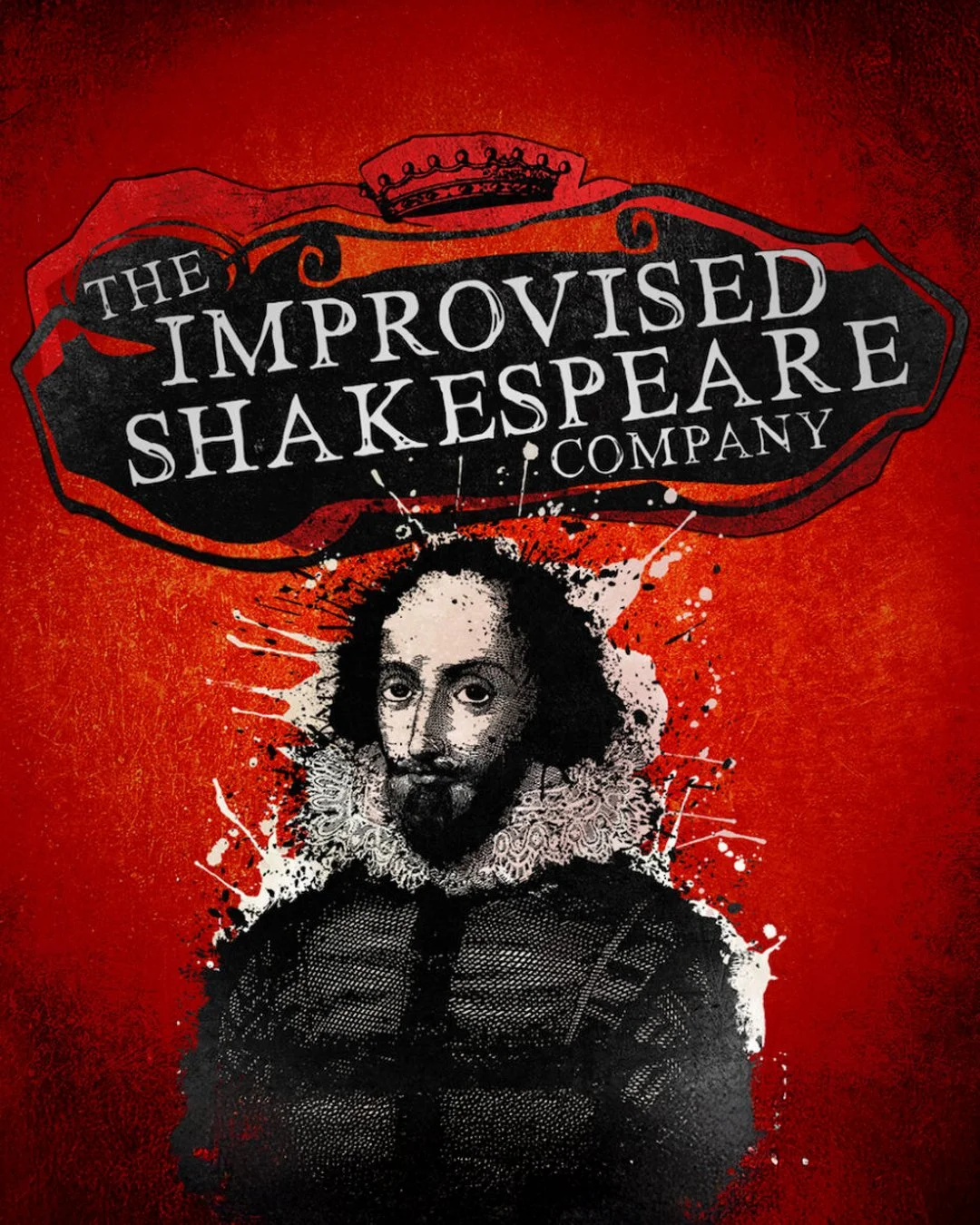 Artwork for The Improvised Shakespeare Company featuring a portrait of William Shakespeare with a red background and bold text.