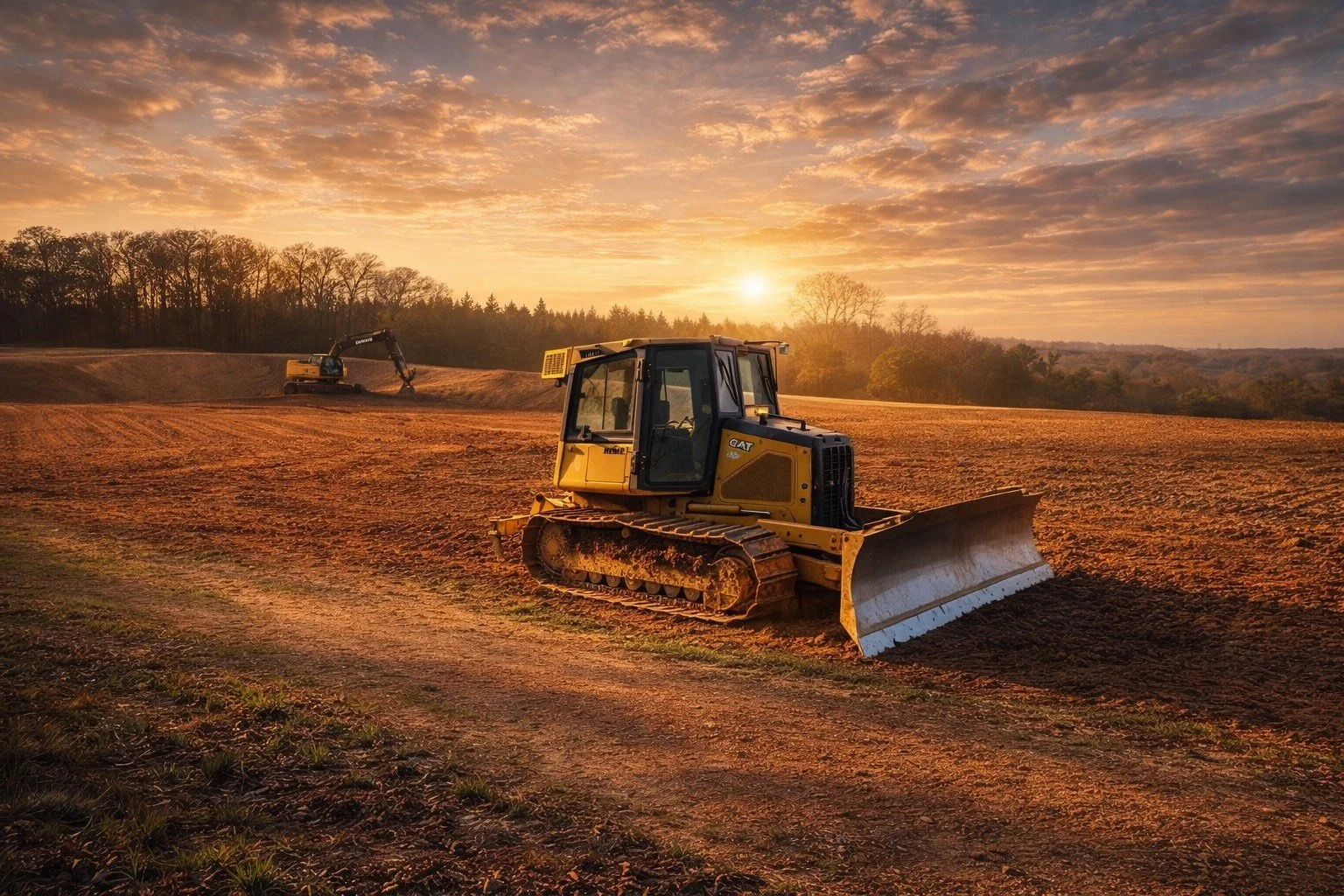Construction site with a bulldozer and an excavator working on a dirt field during sunset.