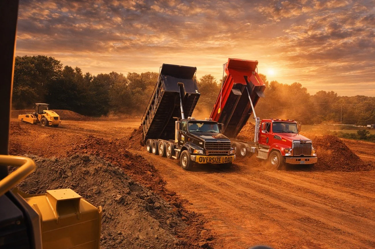 Two dump trucks dumping dirt at a construction site during sunset, with a yellow road roller in the background.