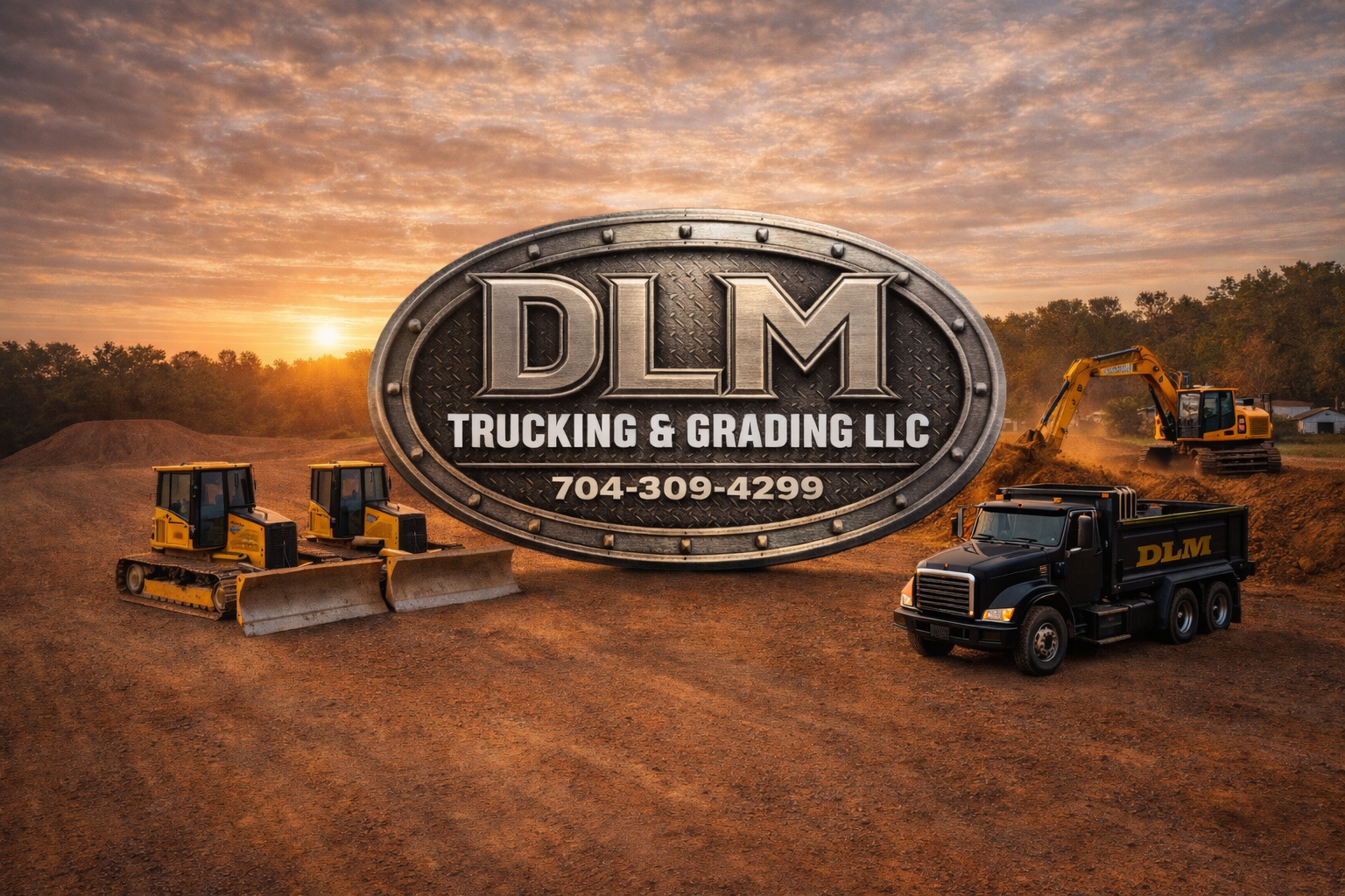 Construction site at sunset with bulldozers and trucks, with a large DLM Trucking & Grading LLC sign in the foreground.