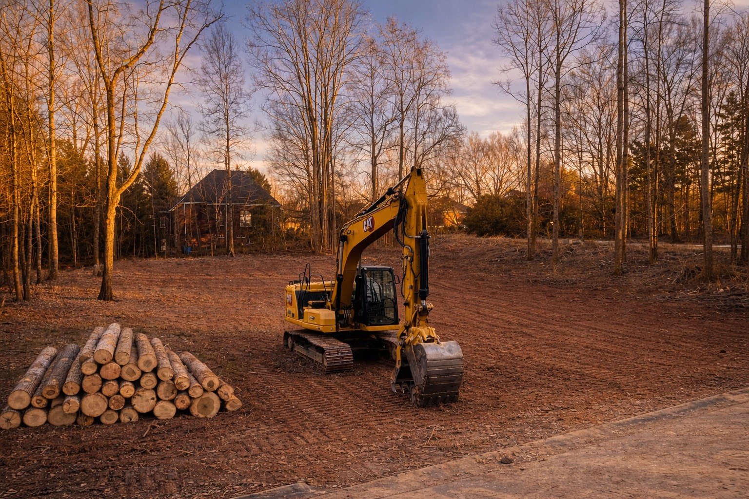 A yellow CAT excavator parked on reddish-brown dirt ground next to a pile of logs, with leafless trees and houses in the background during sunset.