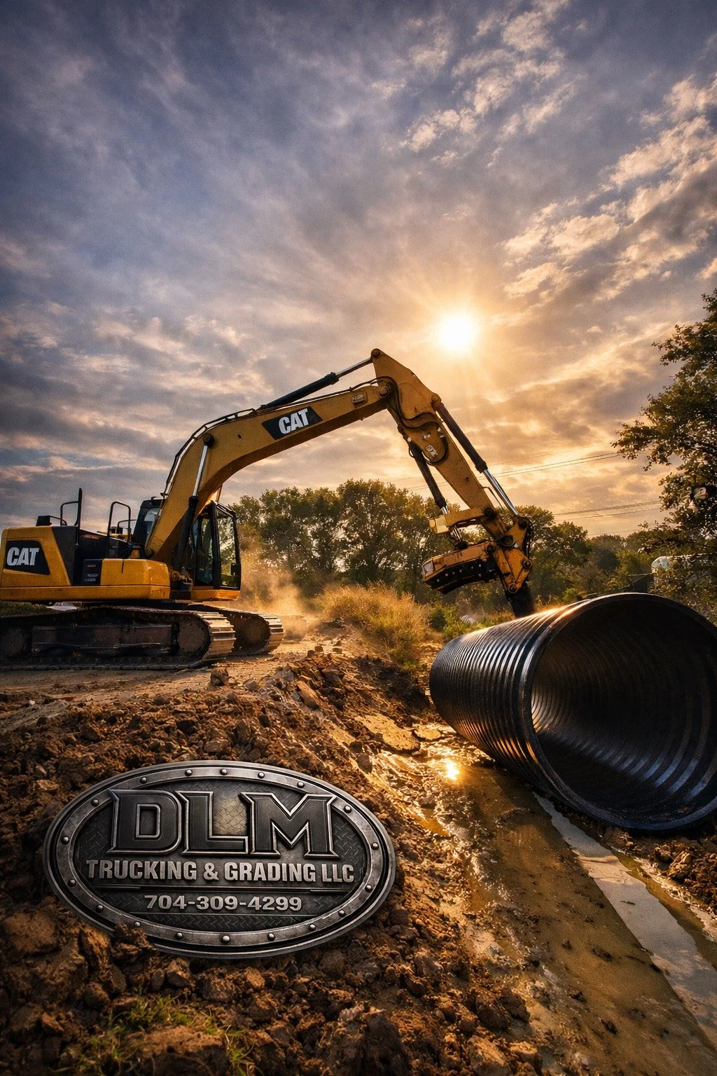 A large yellow construction excavator operating on dirt at sunset, installing a large black drainage pipe in a rural area with trees in the background.