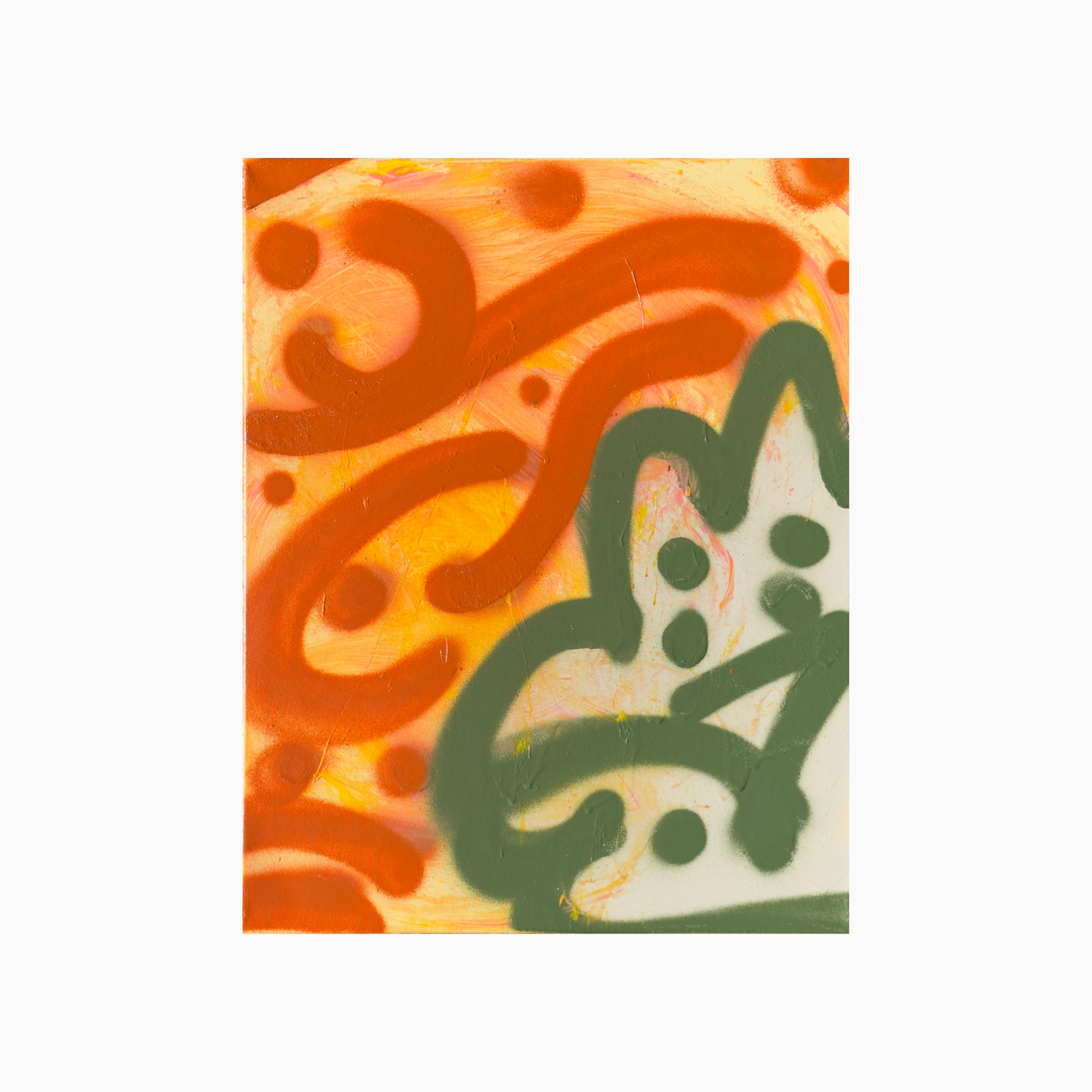 Abstract graffiti art with orange, yellow, green, and red spray paint on a square canvas.