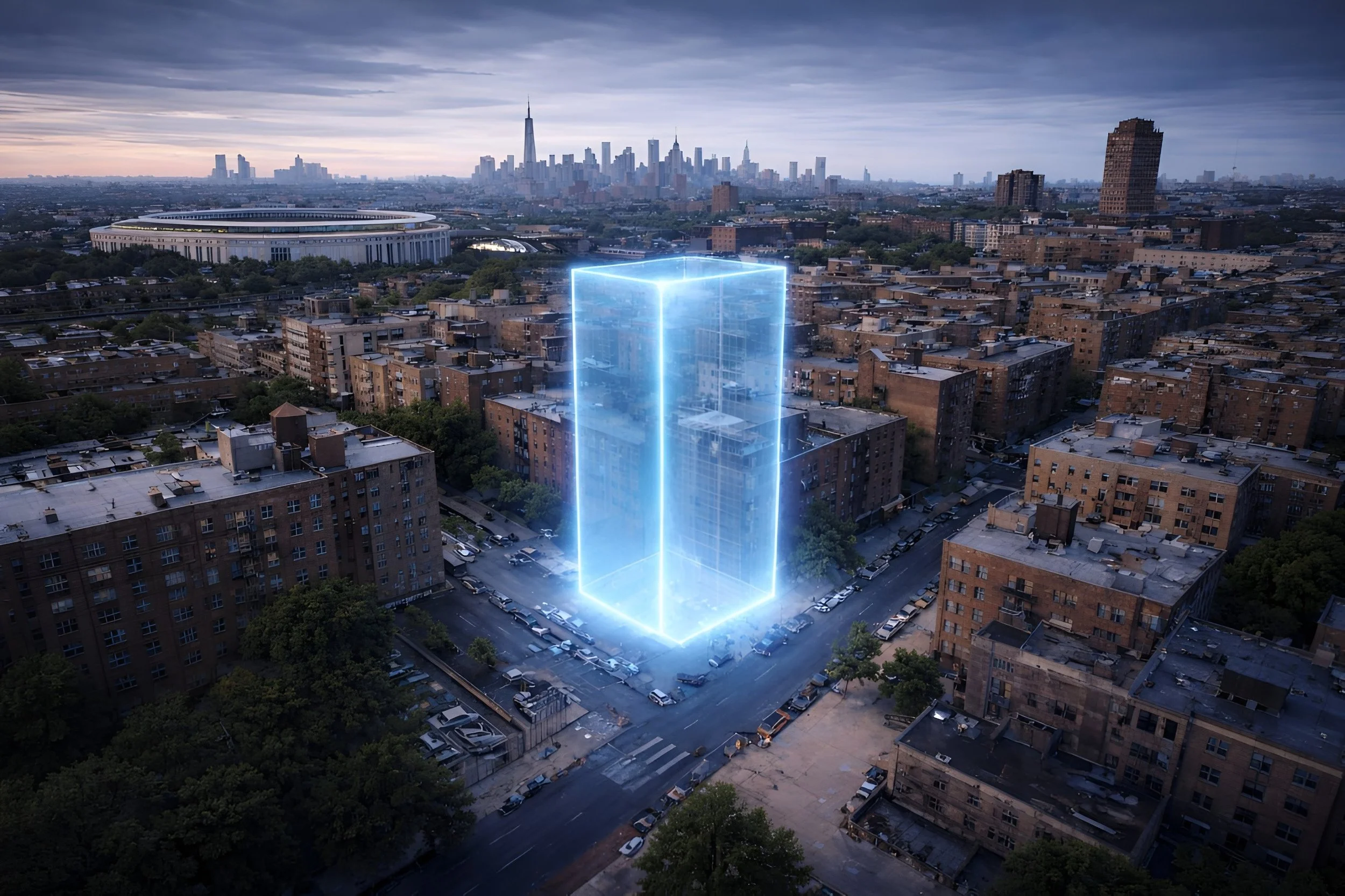 A cityscape with a digitally rendered glowing blue hologram of a tall rectangular building over a residential area, with a stadium and New York City skyline in the background, during dusk.