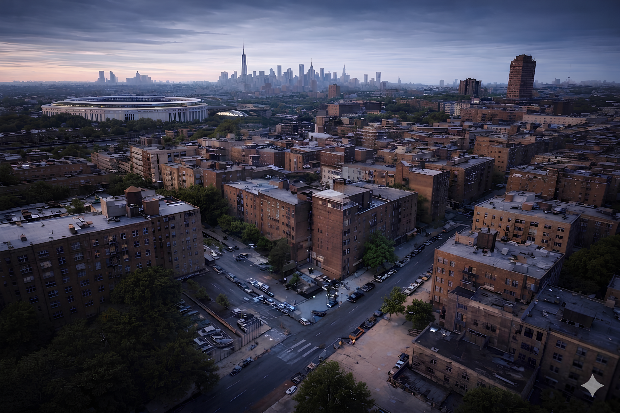 A cityscape taken during dusk showing a mix of old brick apartment buildings in the foreground with a stadium, park, and a skyline featuring tall skyscrapers including the Empire State Building in the background.