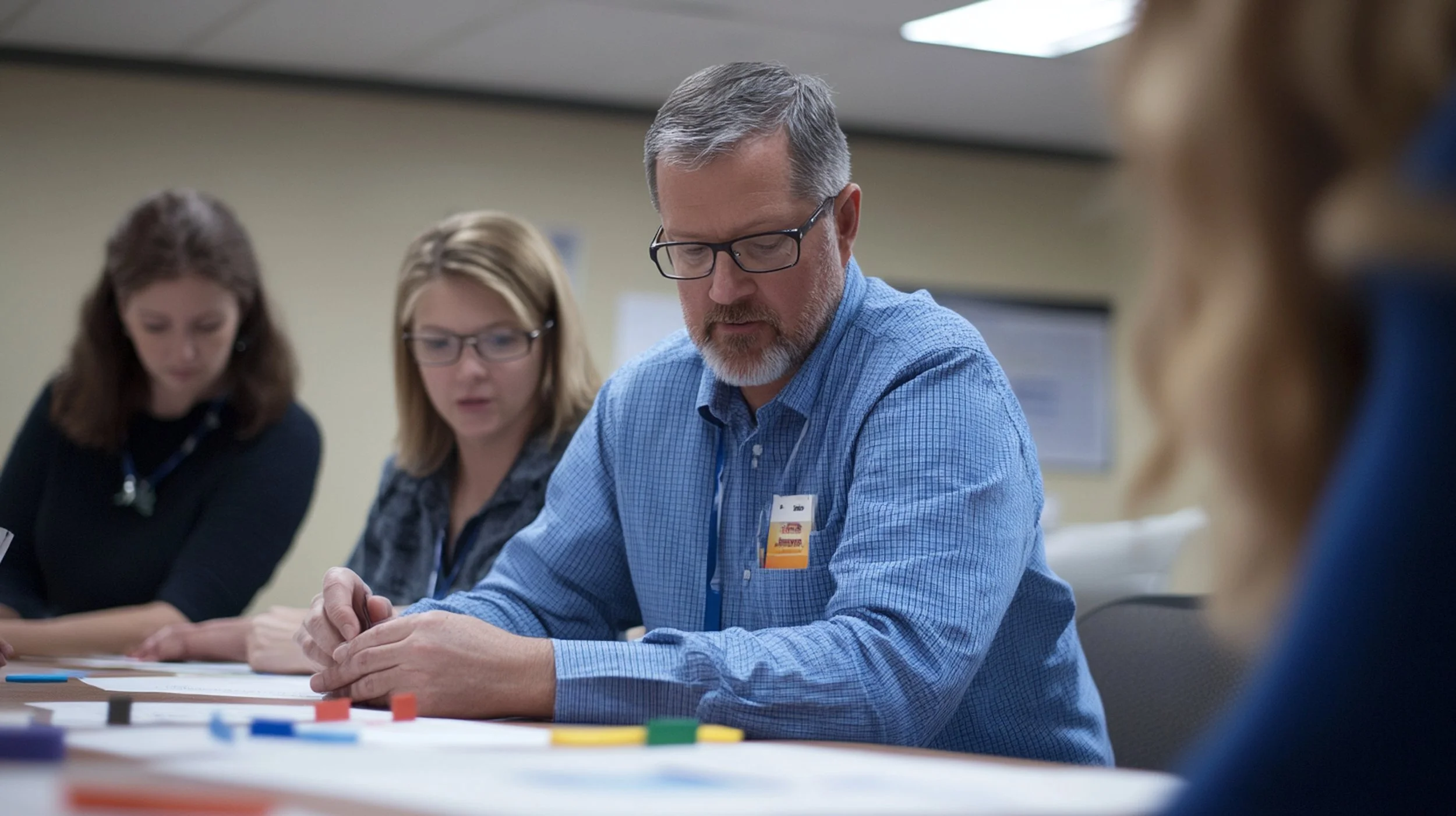 A group of four adults sitting at a table, engaging in a discussion or activity, with game pieces and papers in front of them. The man in the center, wearing glasses and a blue checkered shirt, appears to be leading or focused on the activity.