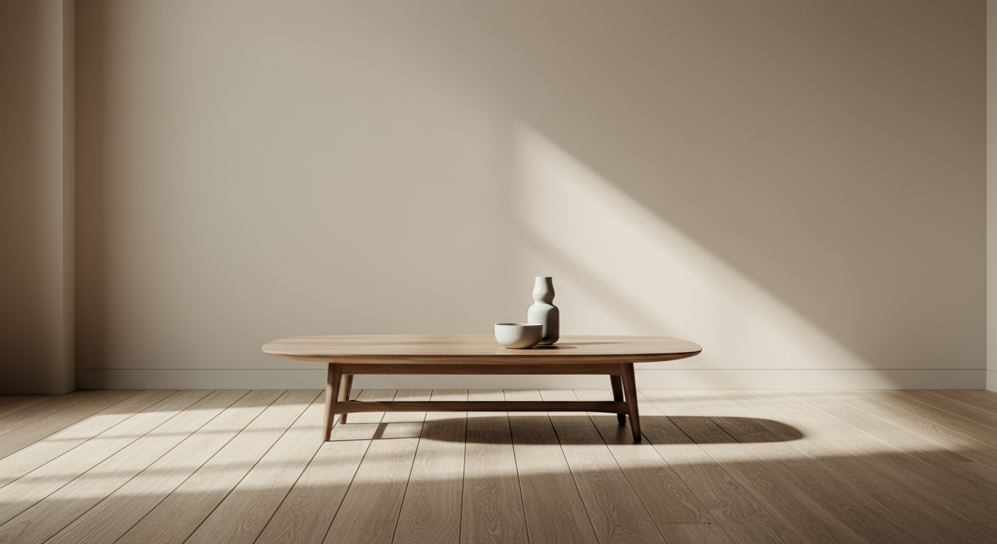 Minimalist wooden coffee table with a vase and bowl on top, placed in front of a plain wall with sunlight casting shadows.
