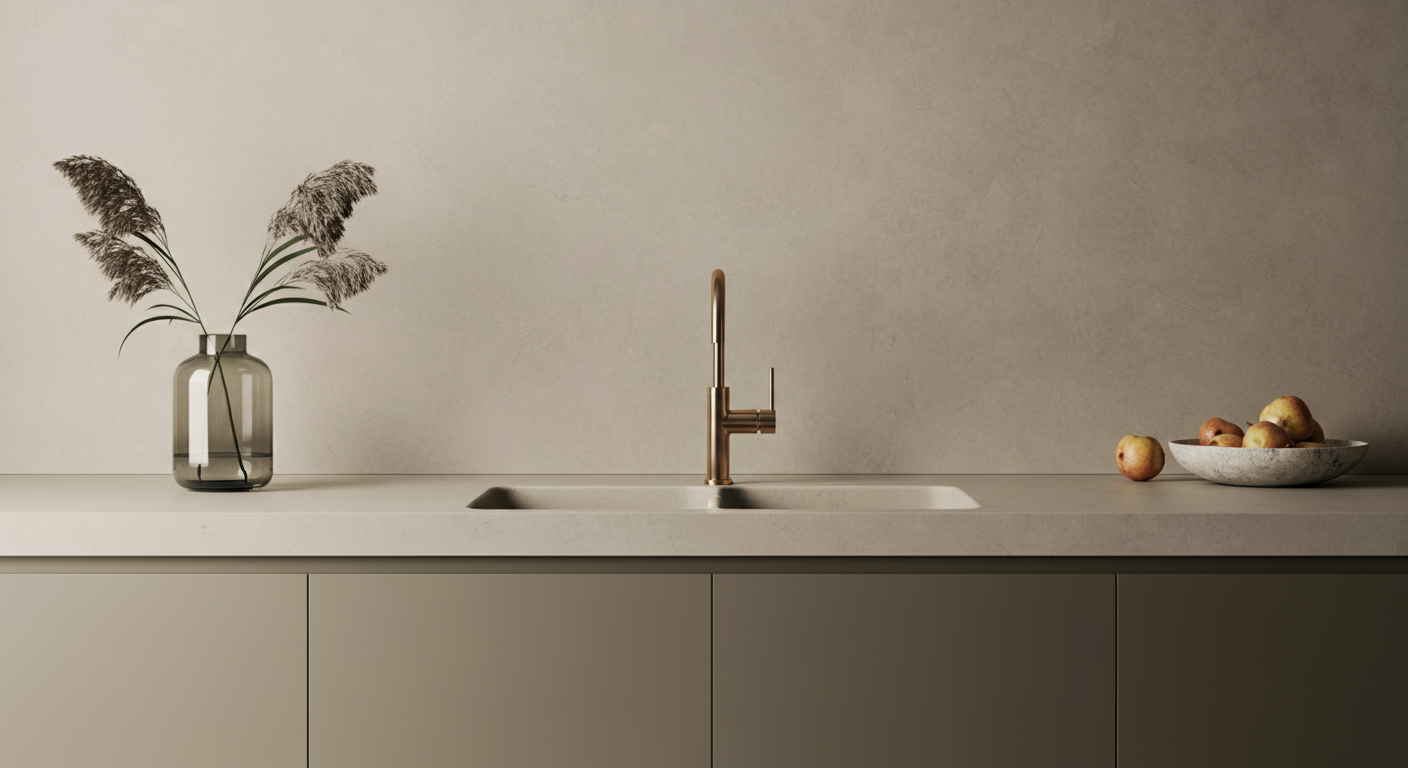 Minimalist kitchen countertop with a glass vase holding tall dried grass on the left, a modern bronze faucet over a white sink in the center, and a bowl of apples on the right.