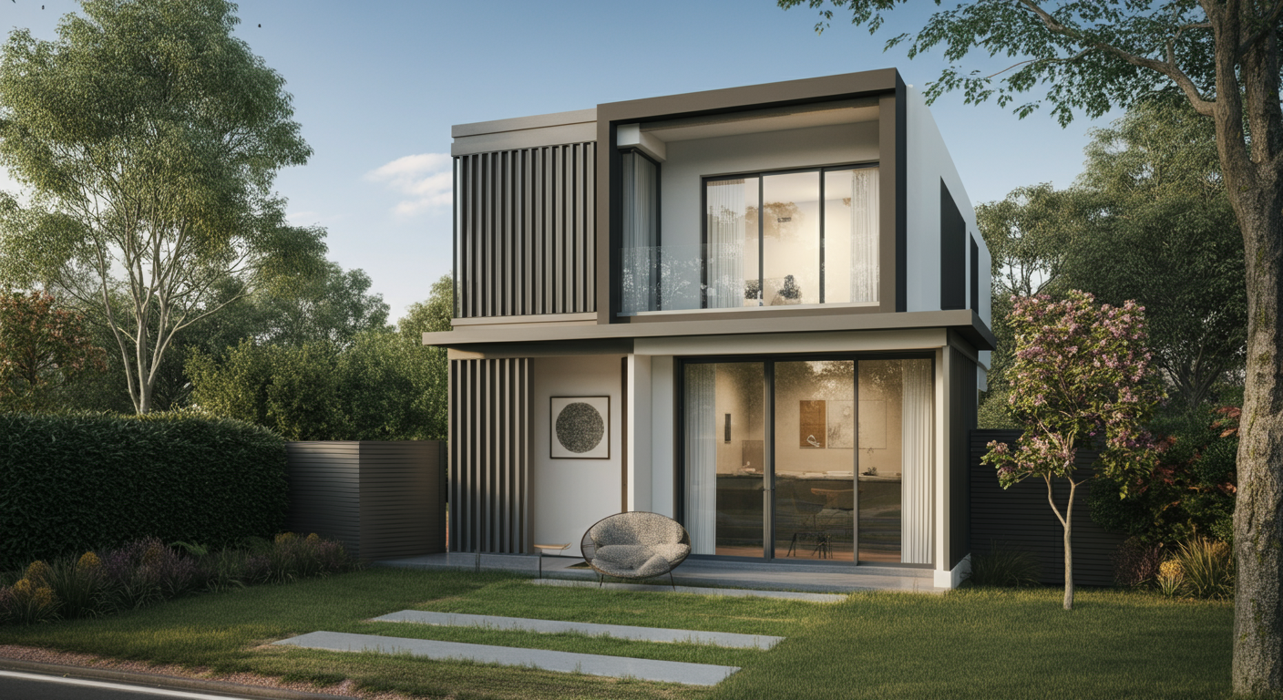 Modern two-story house with large glass windows and sliding doors, surrounded by trees and a manicured lawn, with a patio area featuring a round chair.