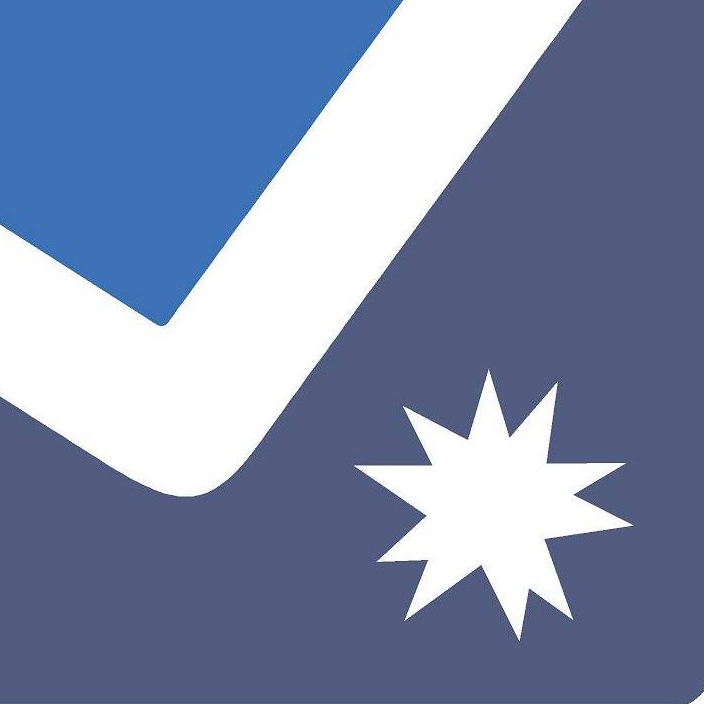 A stylized checkmark with a starburst symbol on a blue background.
