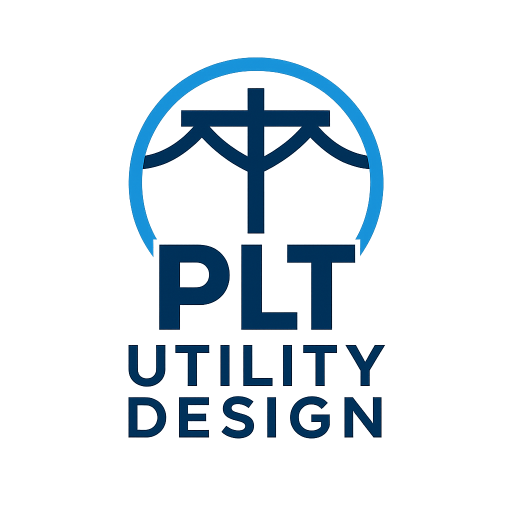 Logo with a utility pole and the words "PLT Utility Design" in a blue color scheme.