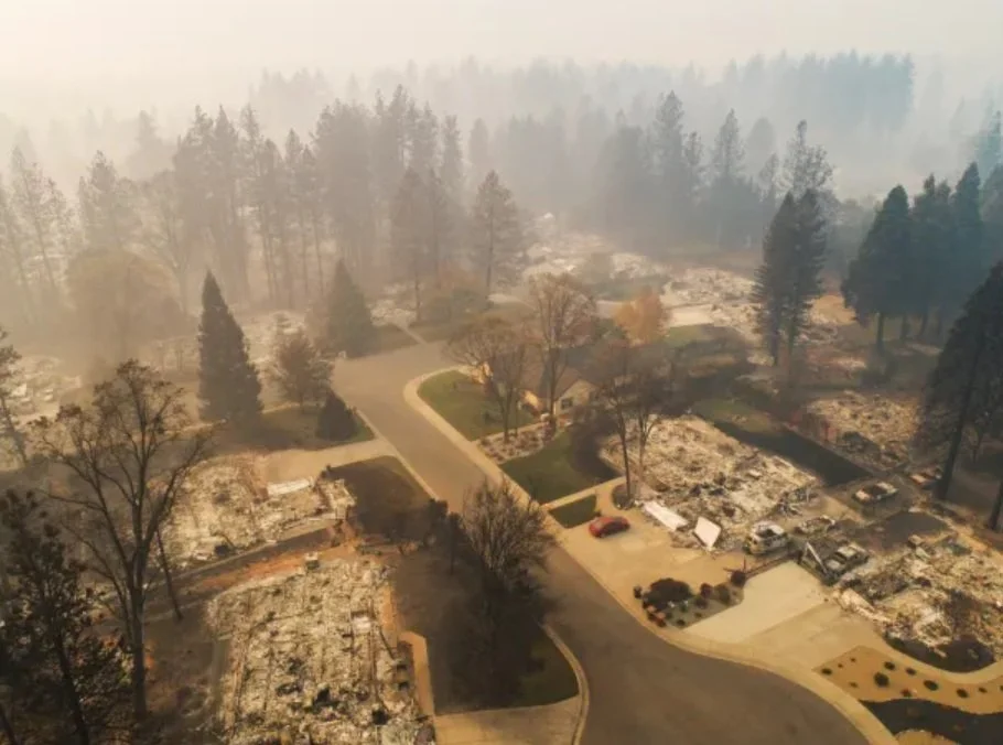 A neighborhood after a wildfire, with burned and damaged homes, ash-covered ground, and smoke in the background.