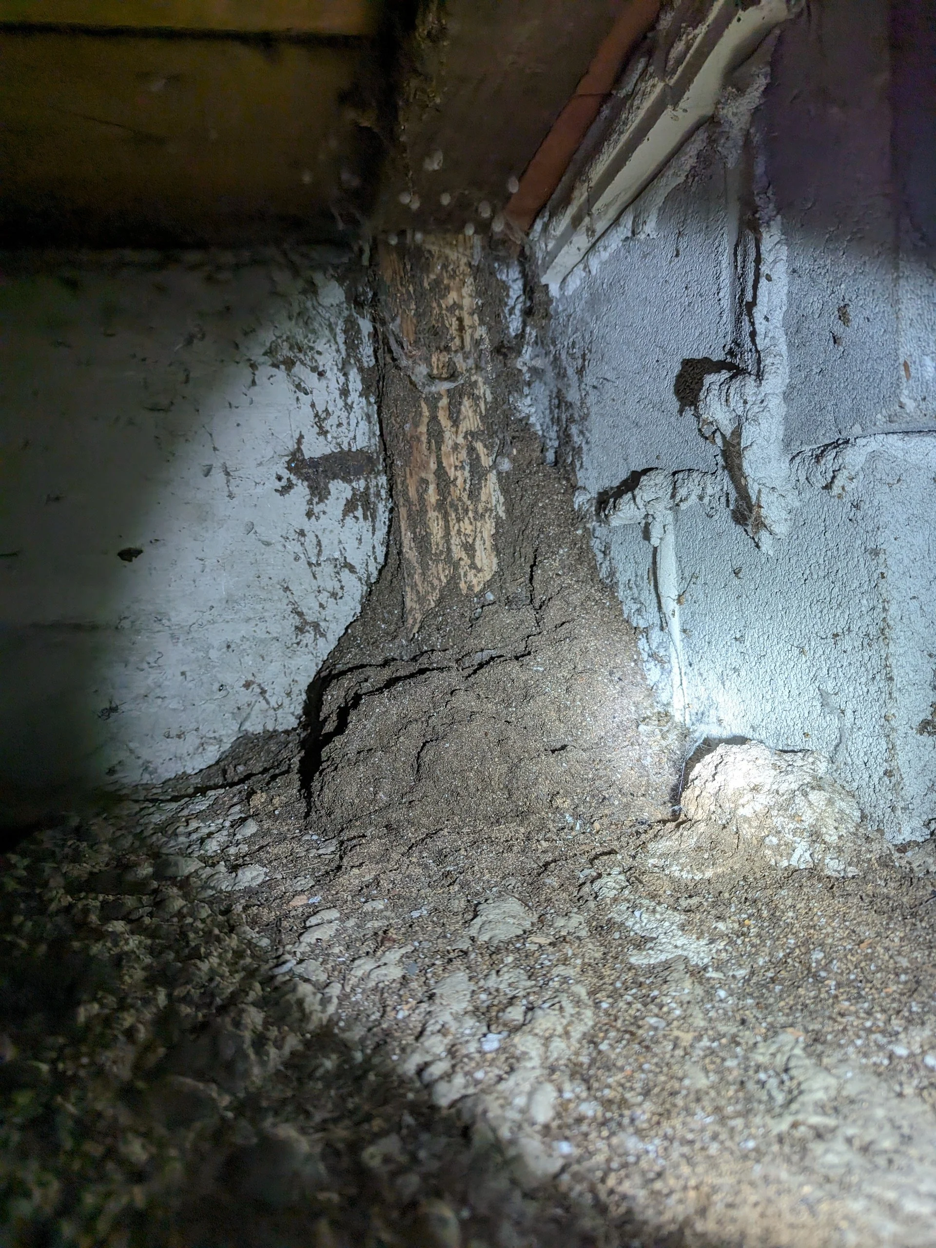 Cracked concrete and soil near the base of a building wall with an exposed foundation and pipes.