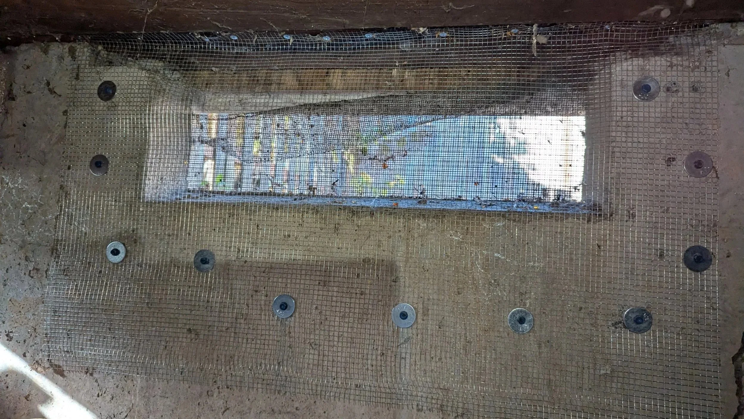 Rectangular window with a wire mesh screen, secured by multiple screws, set into a wall, with a view of a building and trees outside.