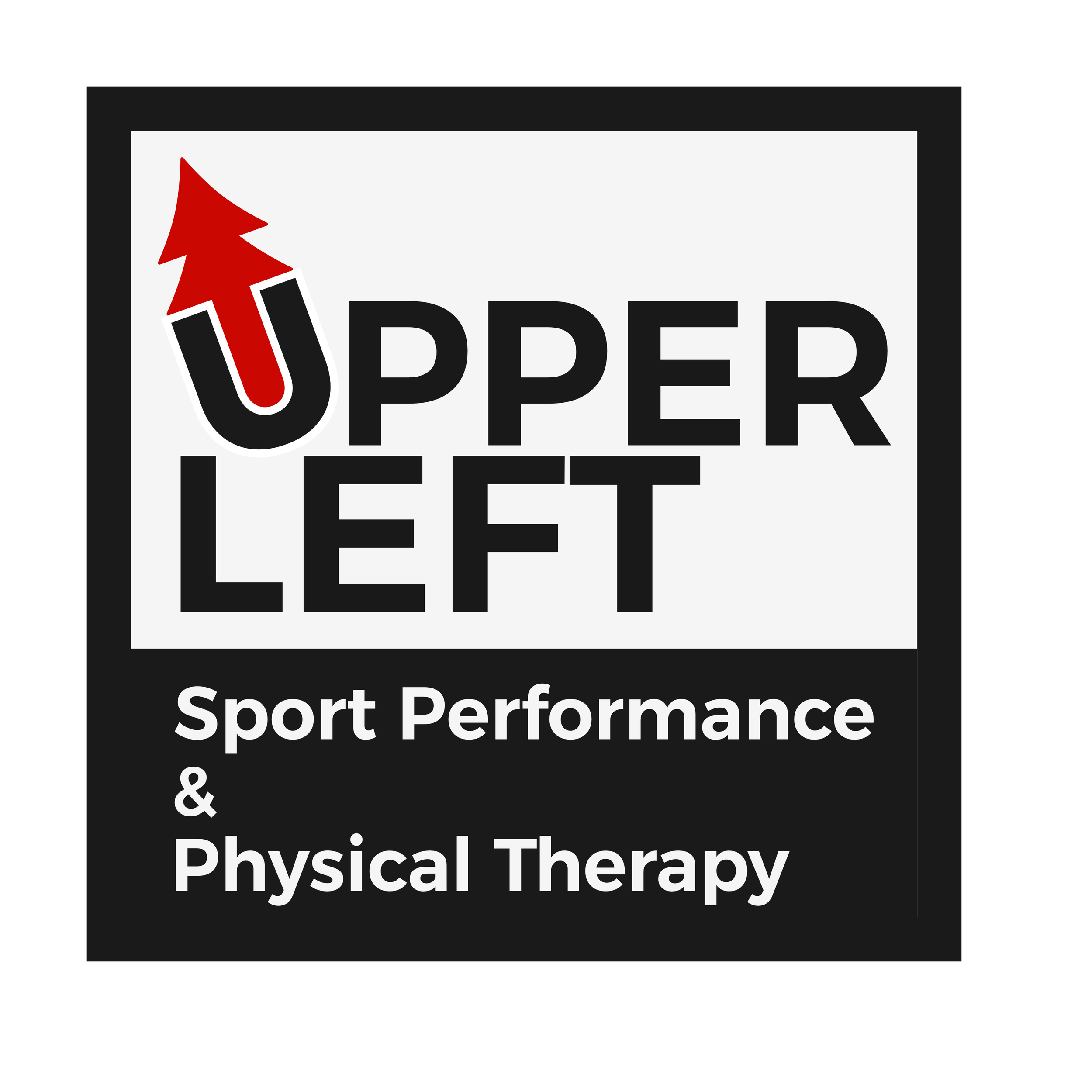 Logo for Upper Left Sport Performance & Physical Therapy with a stylized red arrow pointing upwards and the words 'Upper Left' in large black letters, and 'Sport Performance & Physical Therapy' in smaller white letters underneath.