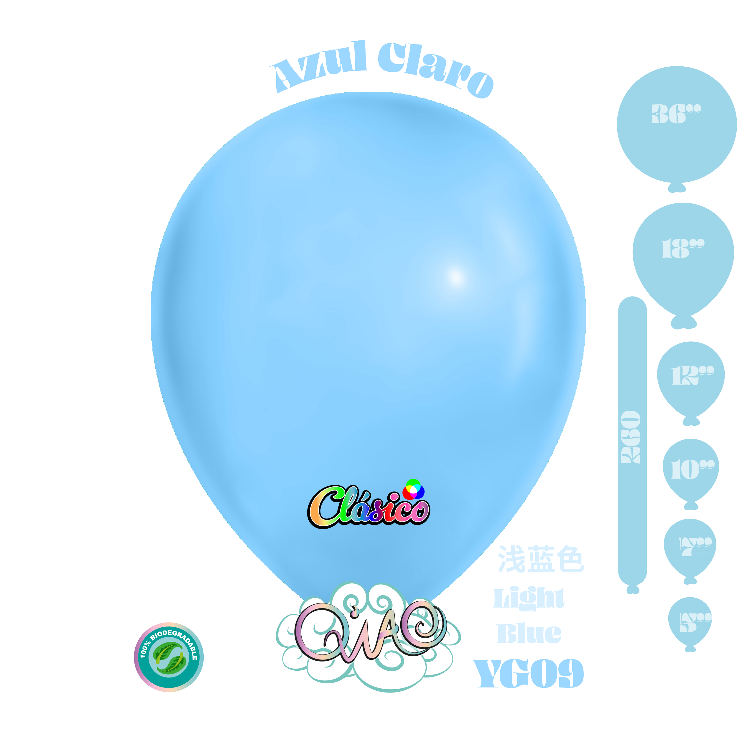 YG09 Azul Claro Clásico globo de látex biodegradable 乳胶气球 浅蓝色
