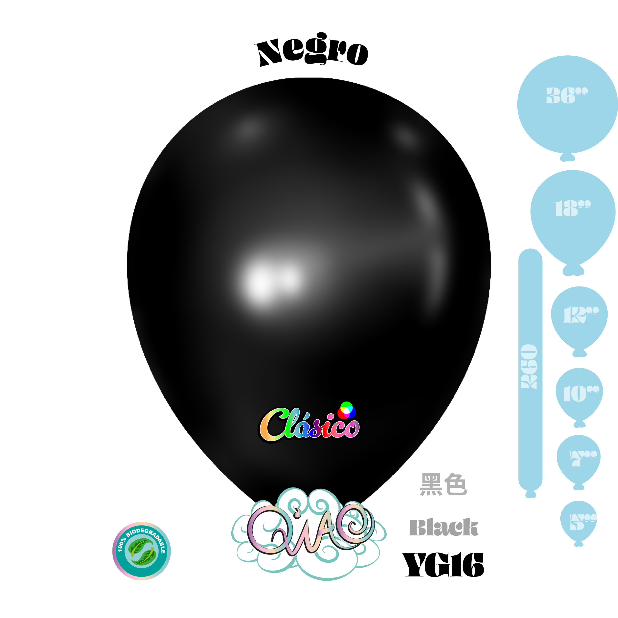 YG16 Negro Clásico globo de látex biodegradable 乳胶气球 黑色