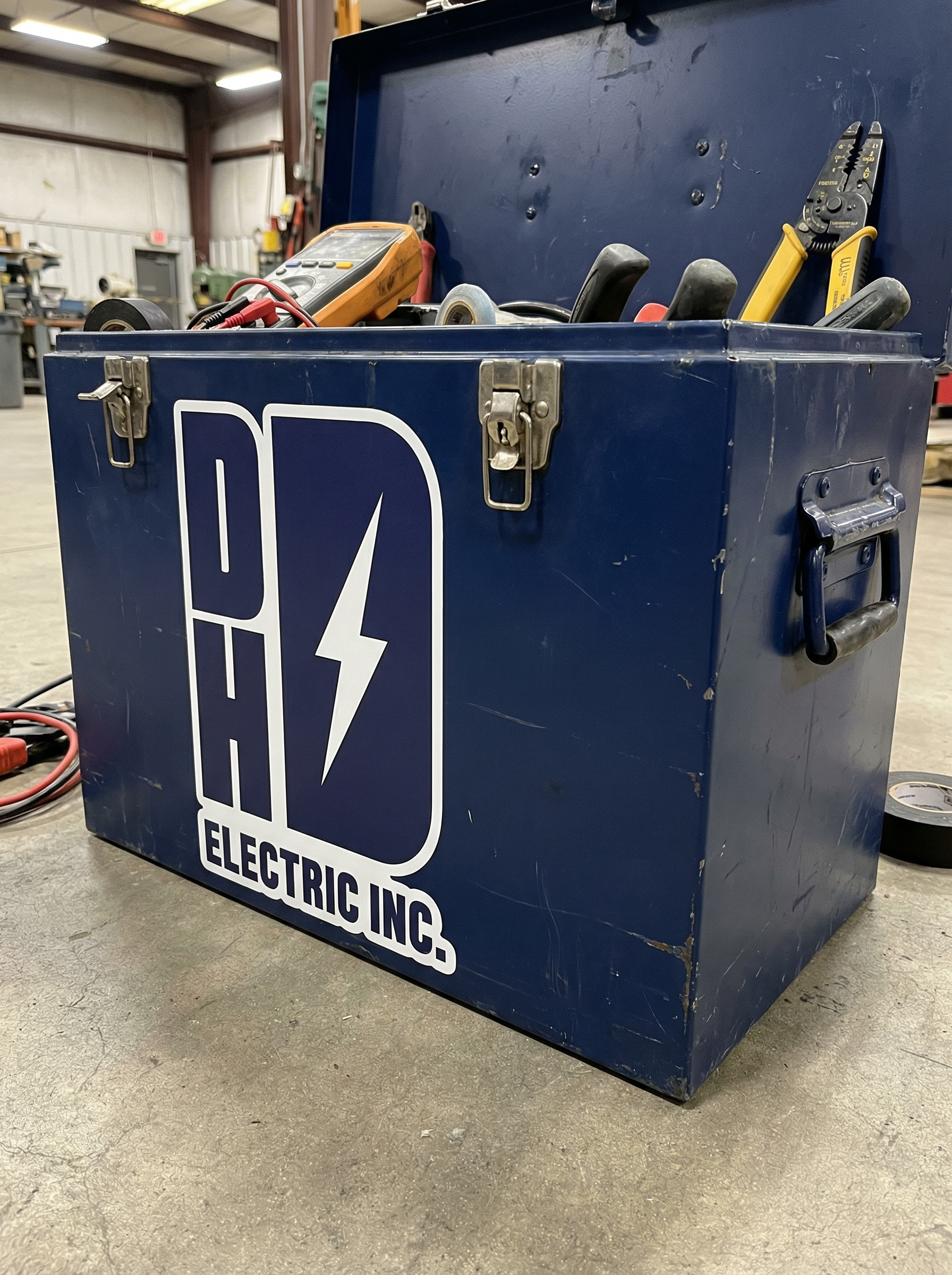 A blue toolbox with the logo of DHD Electric Inc., featuring a lightning bolt, on a concrete floor in what appears to be a workshop, with various electrical tools inside.
