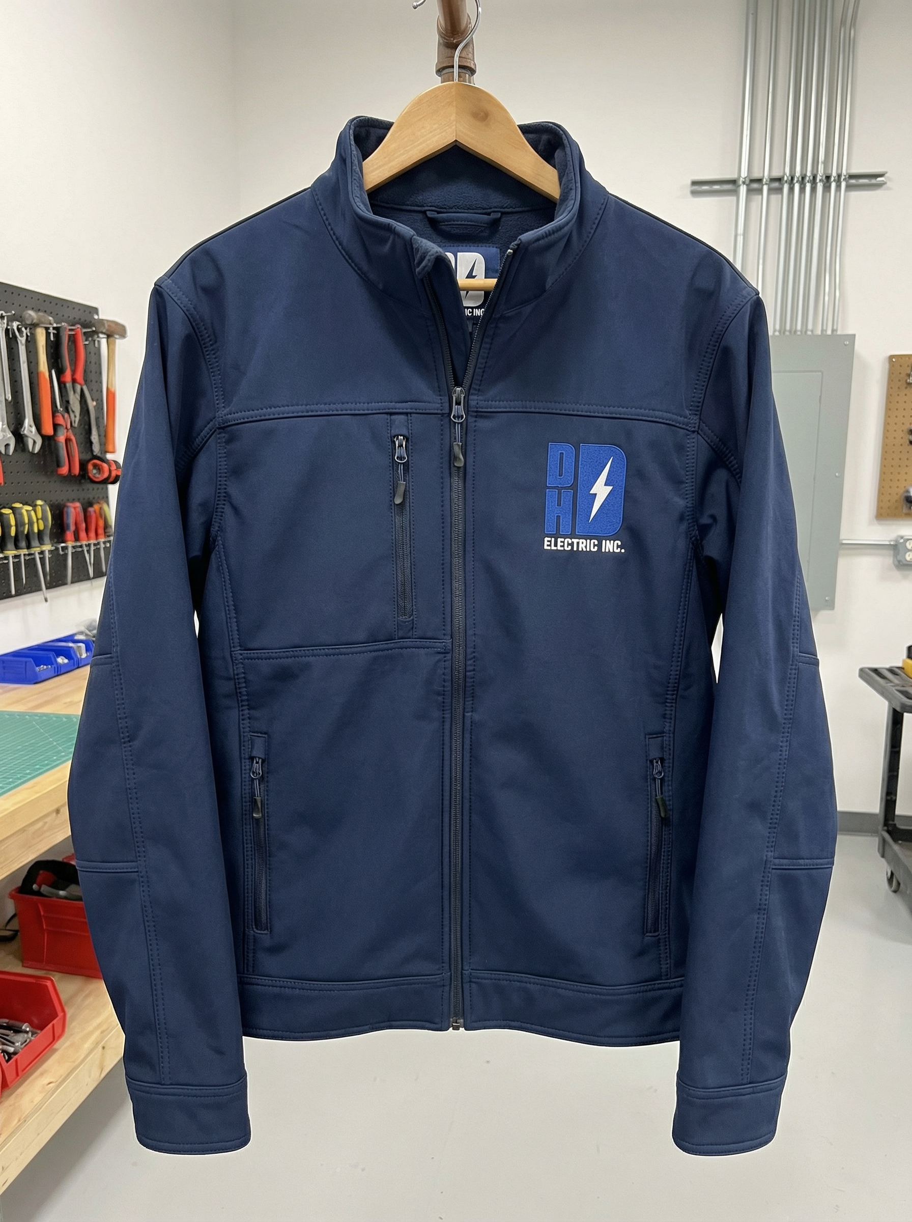 A navy blue jacket with the logo of DHD Electric Inc. hanging on a wooden hanger in a workshop. The jacket has multiple zippered pockets and is displayed against a background of workshop tools and equipment.