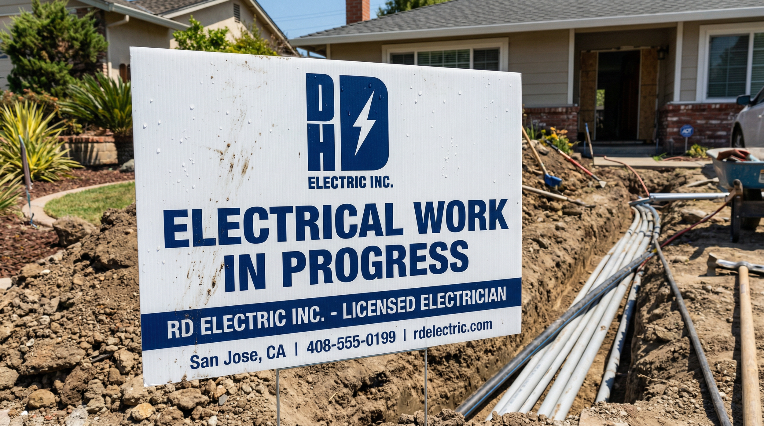 Construction site with a sign that reads "Electrical work in progress" by DHD Electric Inc., in San Jose, California. Visible underground electrical conduits and construction tools.