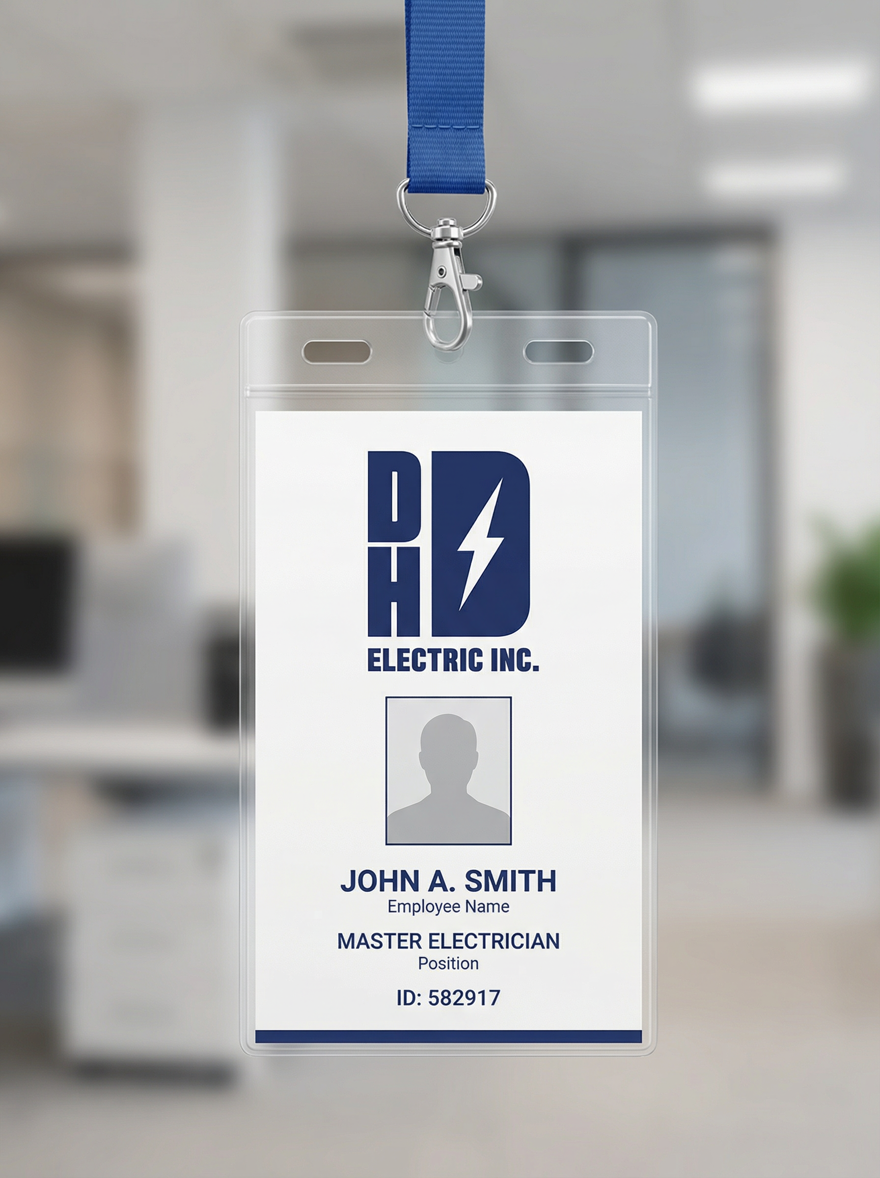 Employee ID badge for John A. Smith, Master Electrician at DHD Electric Inc., hanging on a blue lanyard.