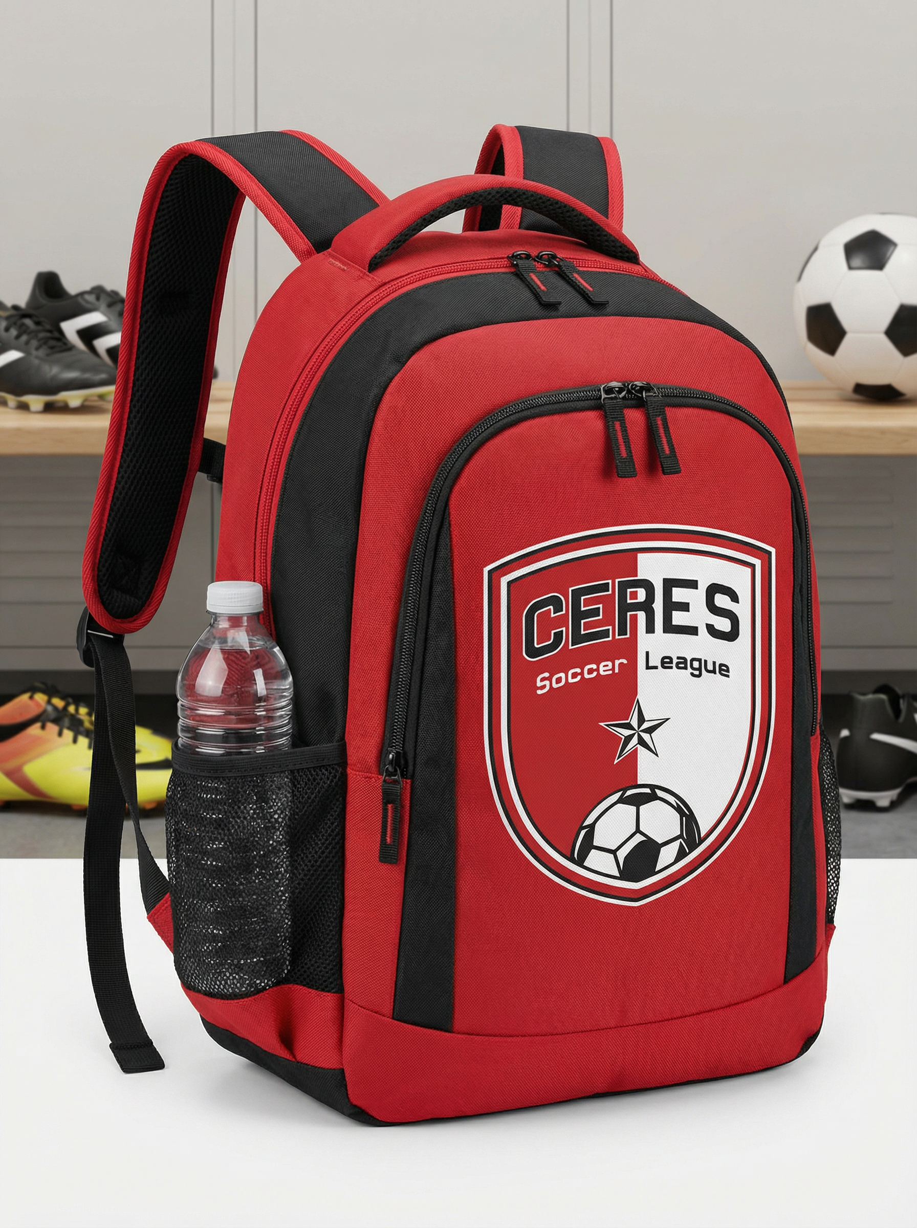 Red and black soccer backpack with a Ceres Soccer League logo, a water bottle in side pocket, and a soccer ball and shoes in background.